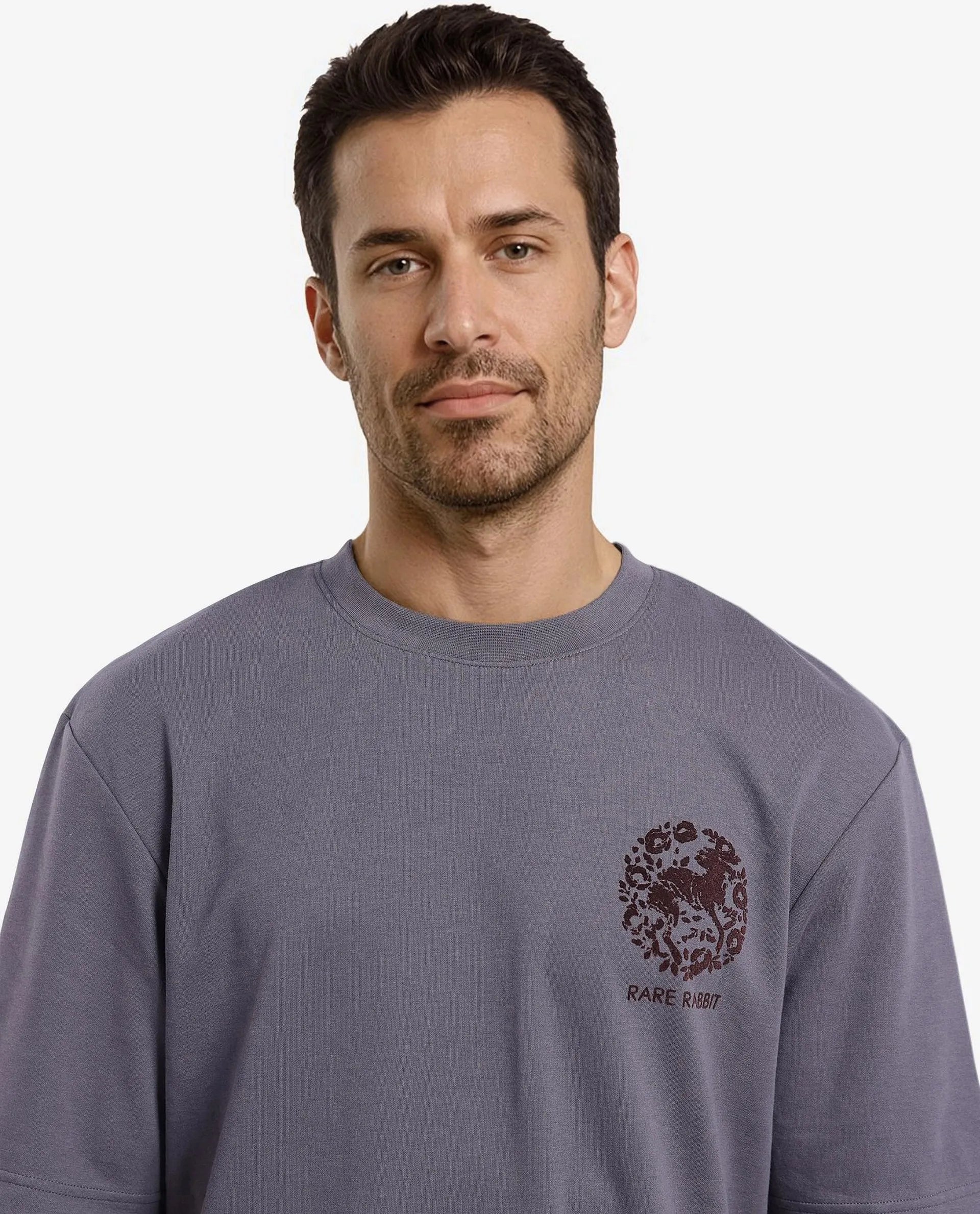 Rare Rabbit Men Eliy Dark Grey Cotton Polyester Fabric Short Sleeve Crew Neck Botanical Back Print Oversized Fit T-Shirt