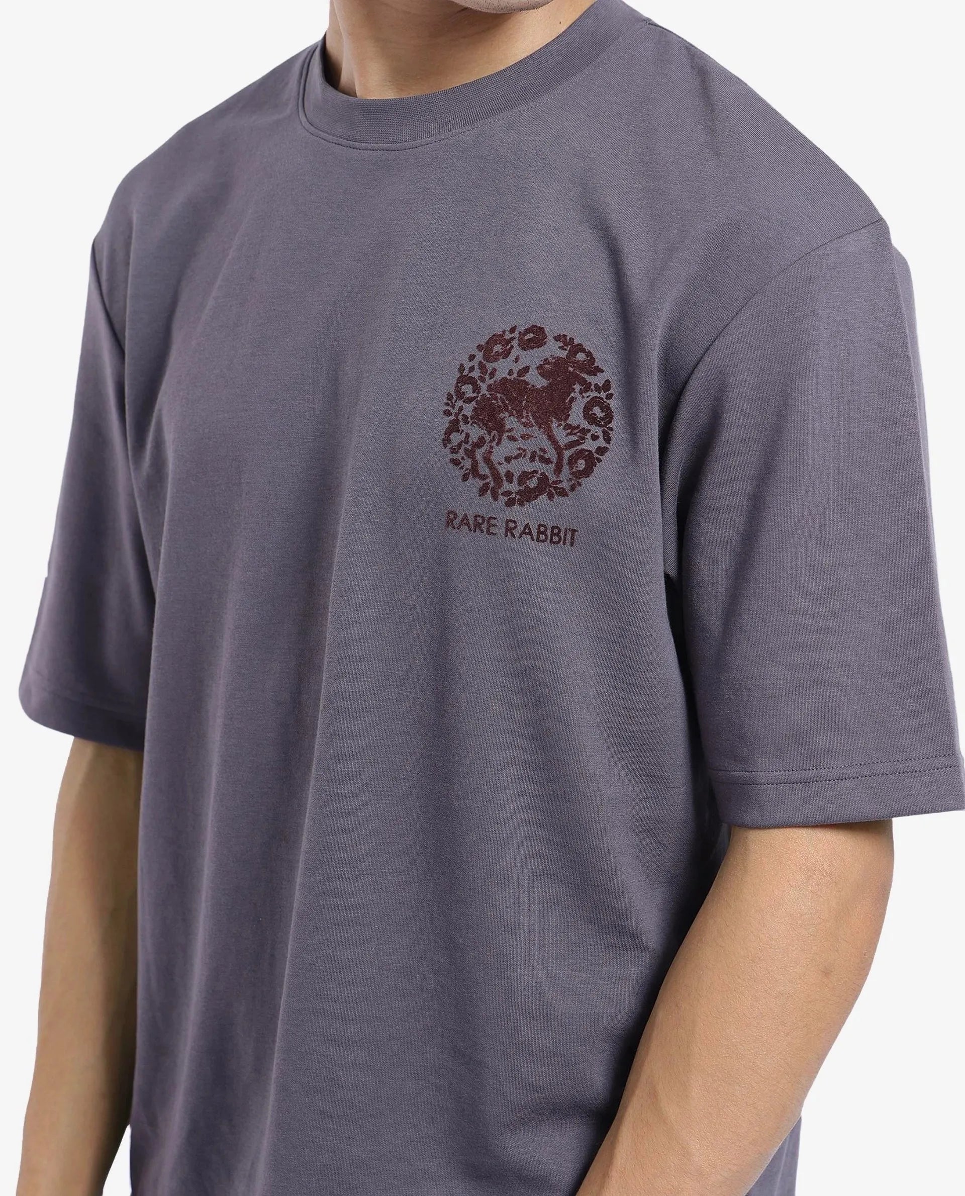 Rare Rabbit Men Eliy Dark Grey Cotton Polyester Fabric Short Sleeve Crew Neck Botanical Back Print Oversized Fit T-Shirt