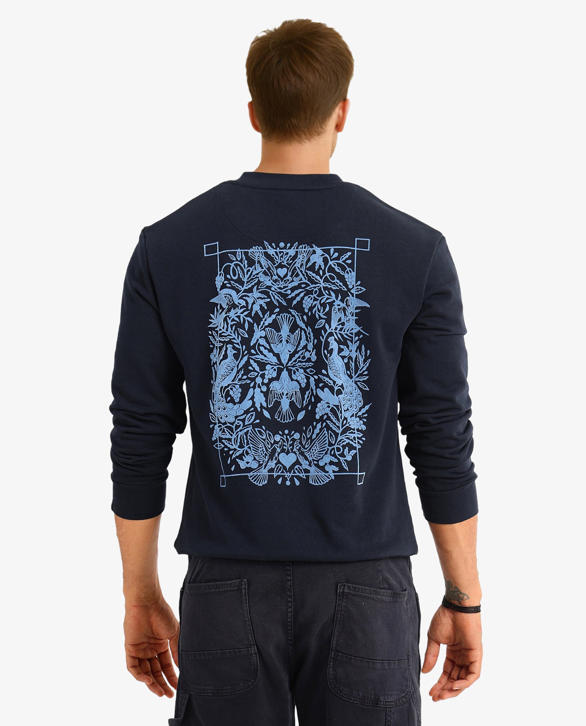 Rare Rabbit Men Eliyo Navy Cotton Fabric Full Sleeve Crew Neck Botanical Backprint Sweatshirt
