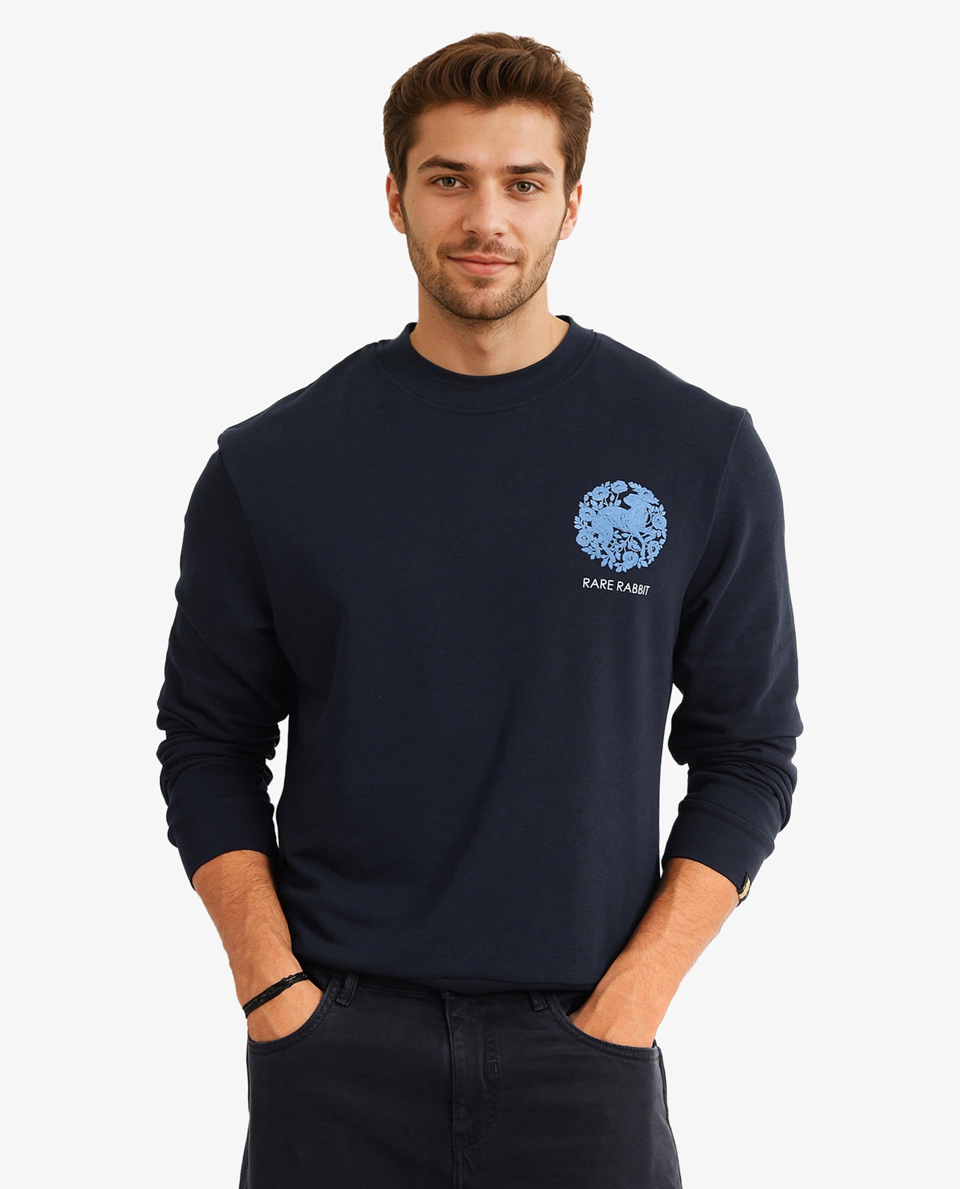Rare Rabbit Men Eliyo Navy Cotton Fabric Full Sleeve Crew Neck Botanical Backprint Sweatshirt