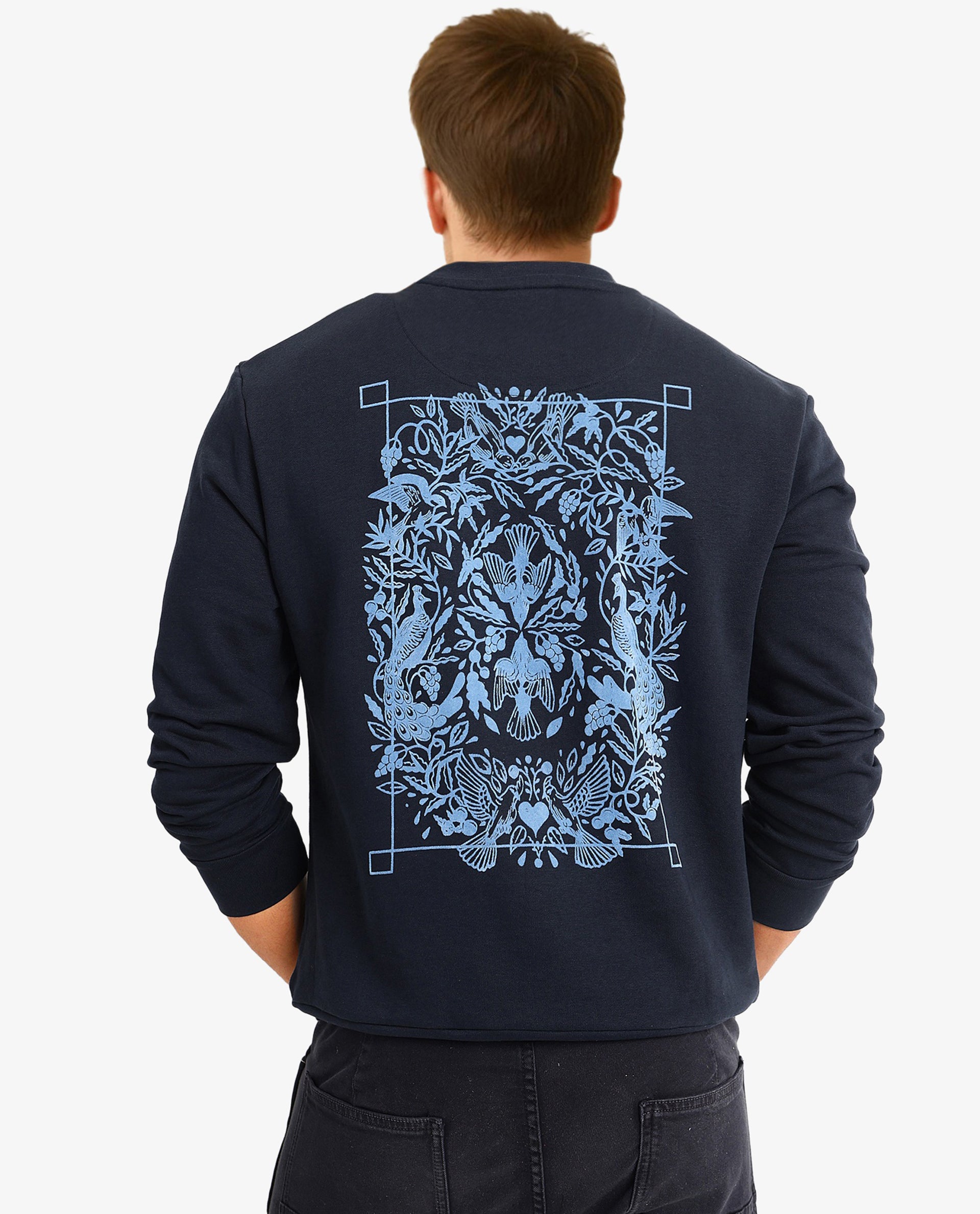 Rare Rabbit Men Eliyo Navy Cotton Fabric Full Sleeve Crew Neck Botanical Backprint Sweatshirt