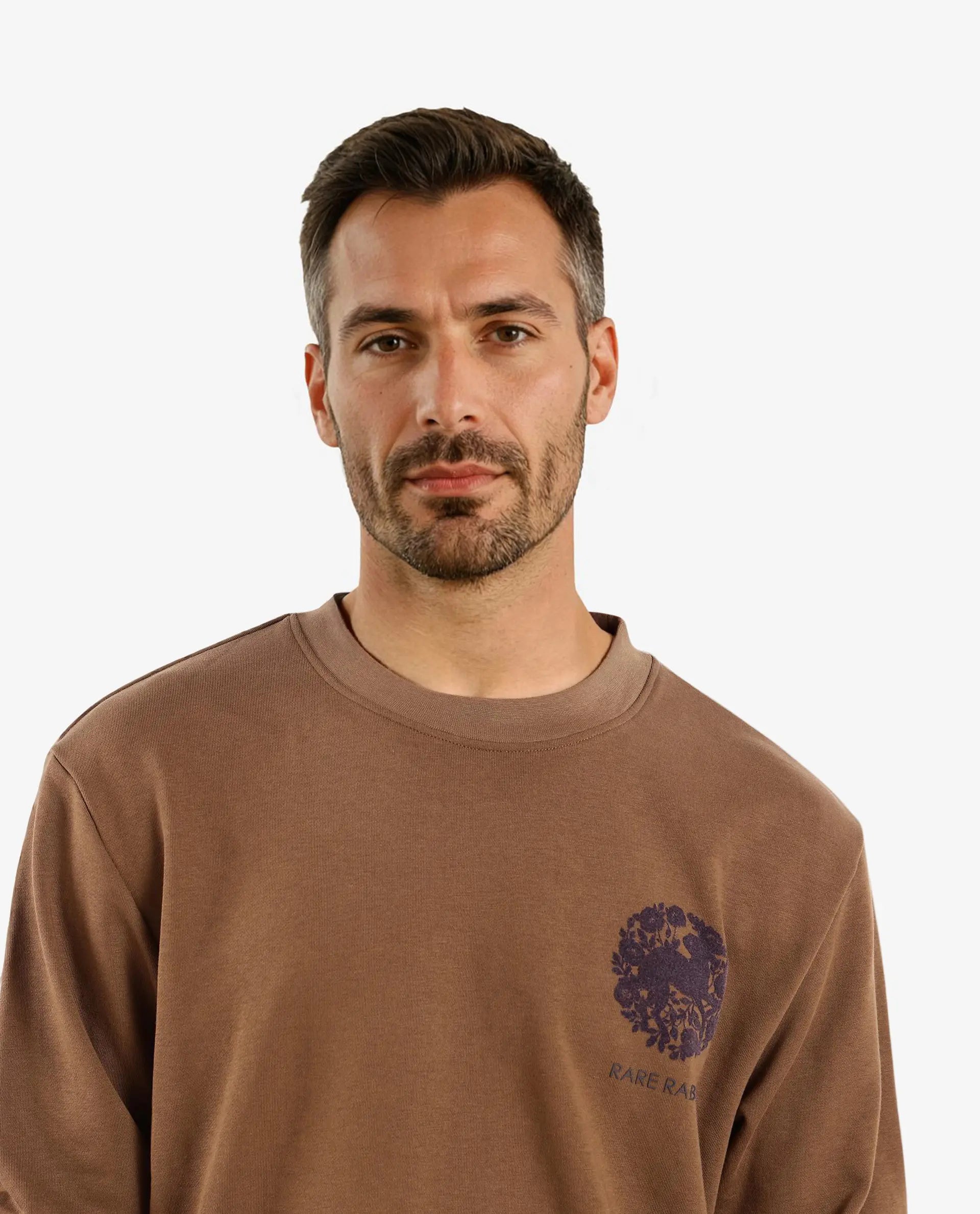 Rare Rabbit Men Eliyo Rust Cotton Fabric Full Sleeve Crew Neck Botanical Backprint Sweatshirt