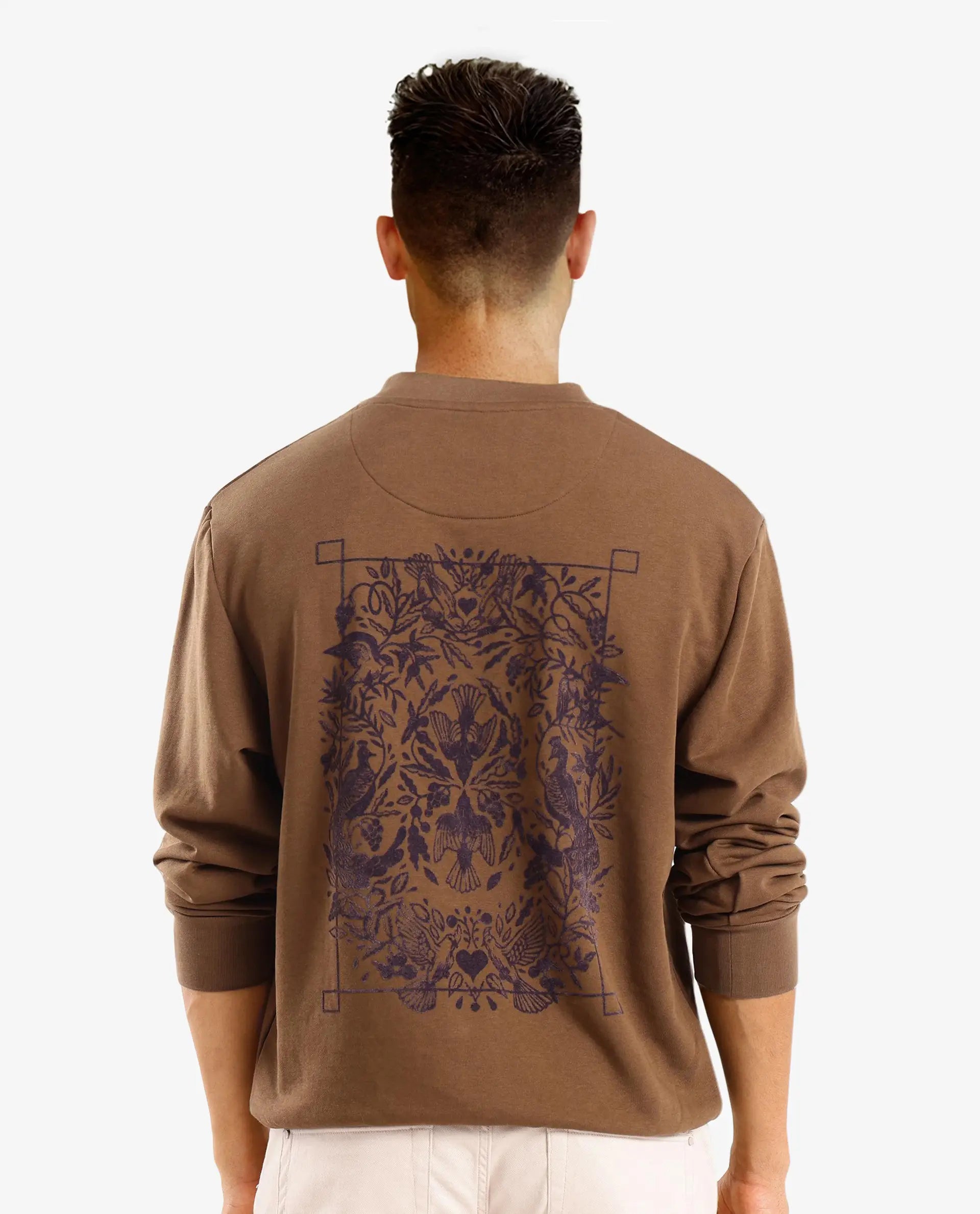 Rare Rabbit Men Eliyo Rust Cotton Fabric Full Sleeve Crew Neck Botanical Backprint Sweatshirt