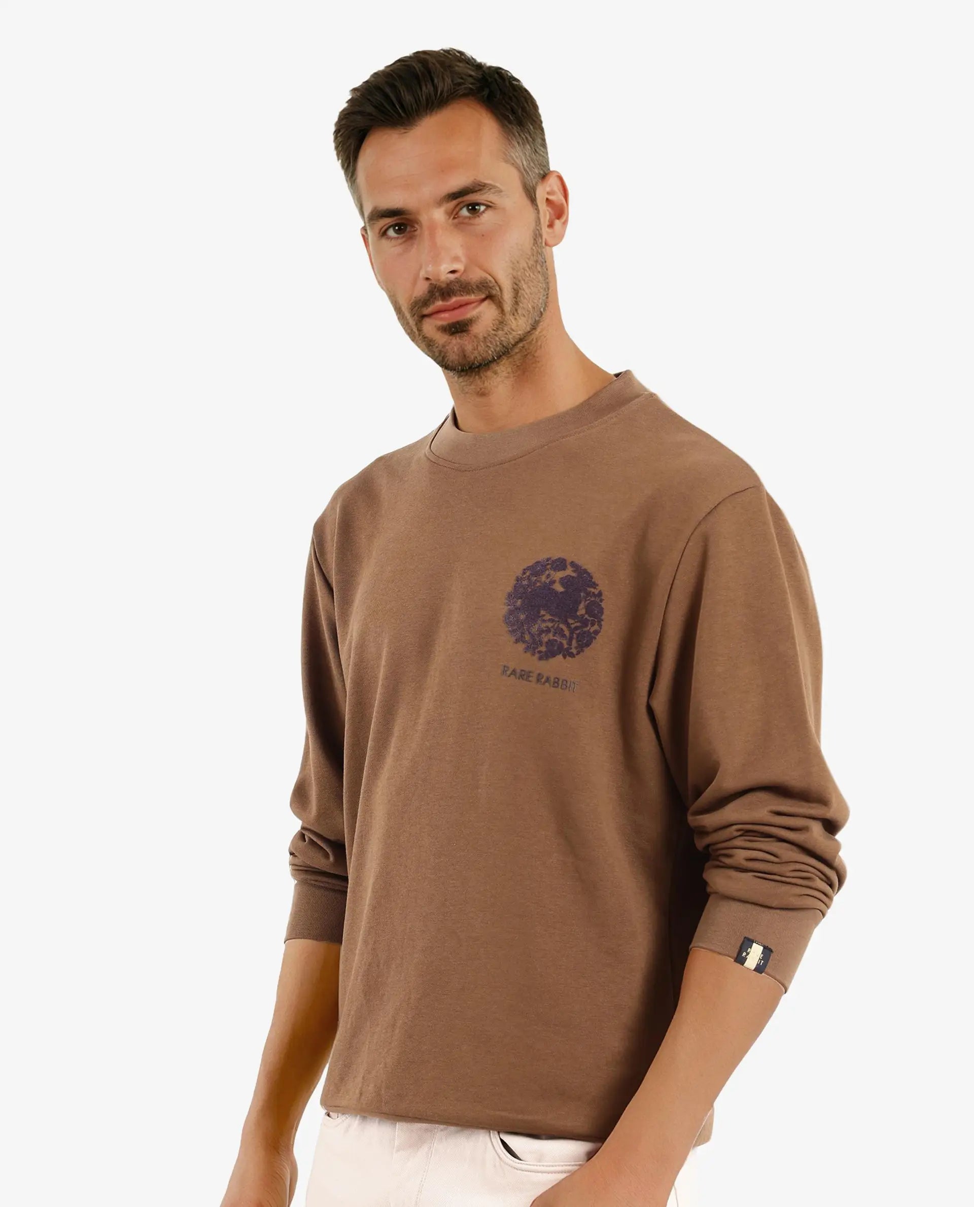 Rare Rabbit Men Eliyo Rust Cotton Fabric Full Sleeve Crew Neck Botanical Backprint Sweatshirt