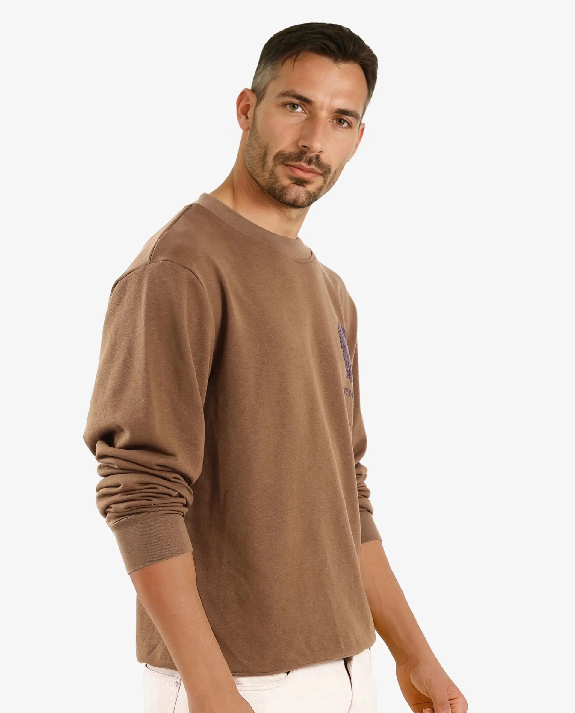 Rare Rabbit Men Eliyo Rust Cotton Fabric Full Sleeve Crew Neck Botanical Backprint Sweatshirt