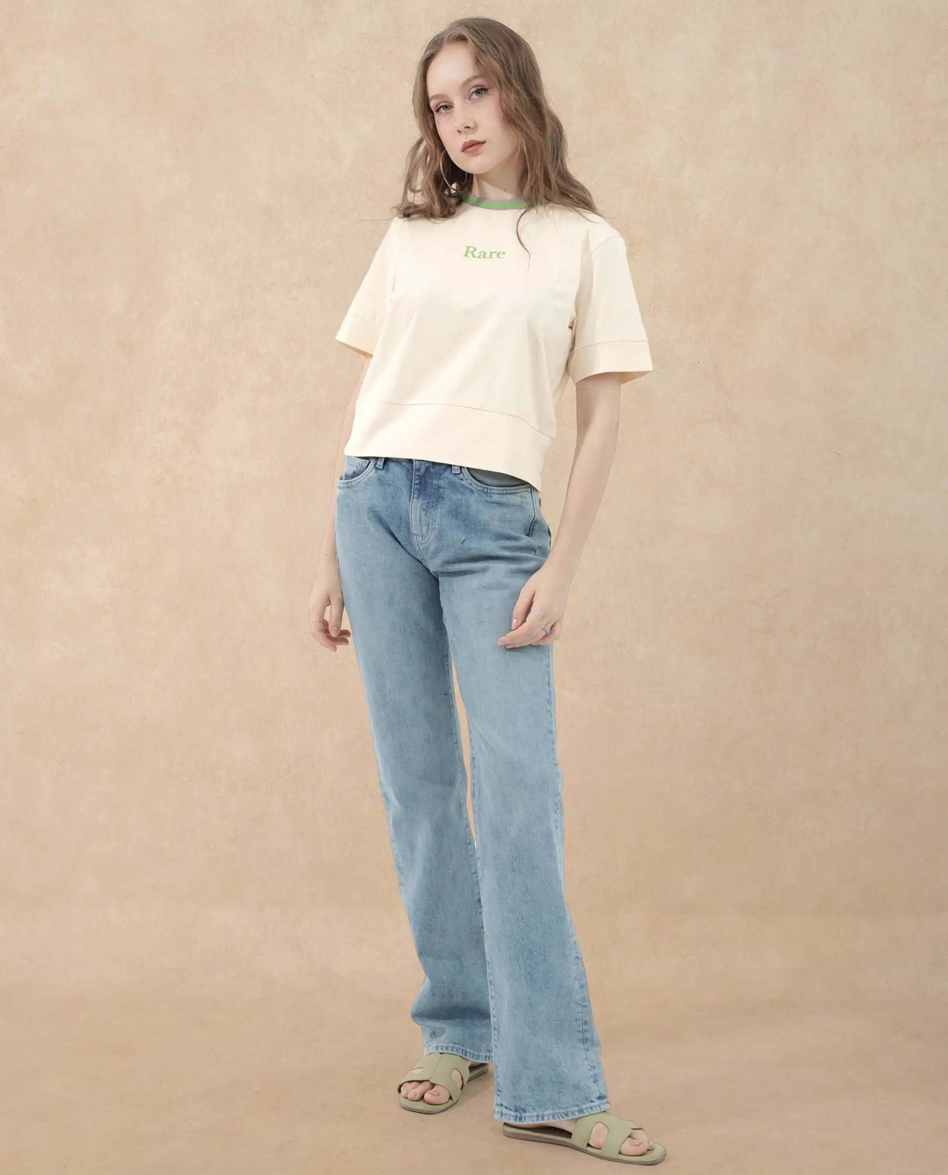 Rareism Women Eliza Light Beige Cotton Elastane Fabric Crew Neck Knit Solid T-Shirt