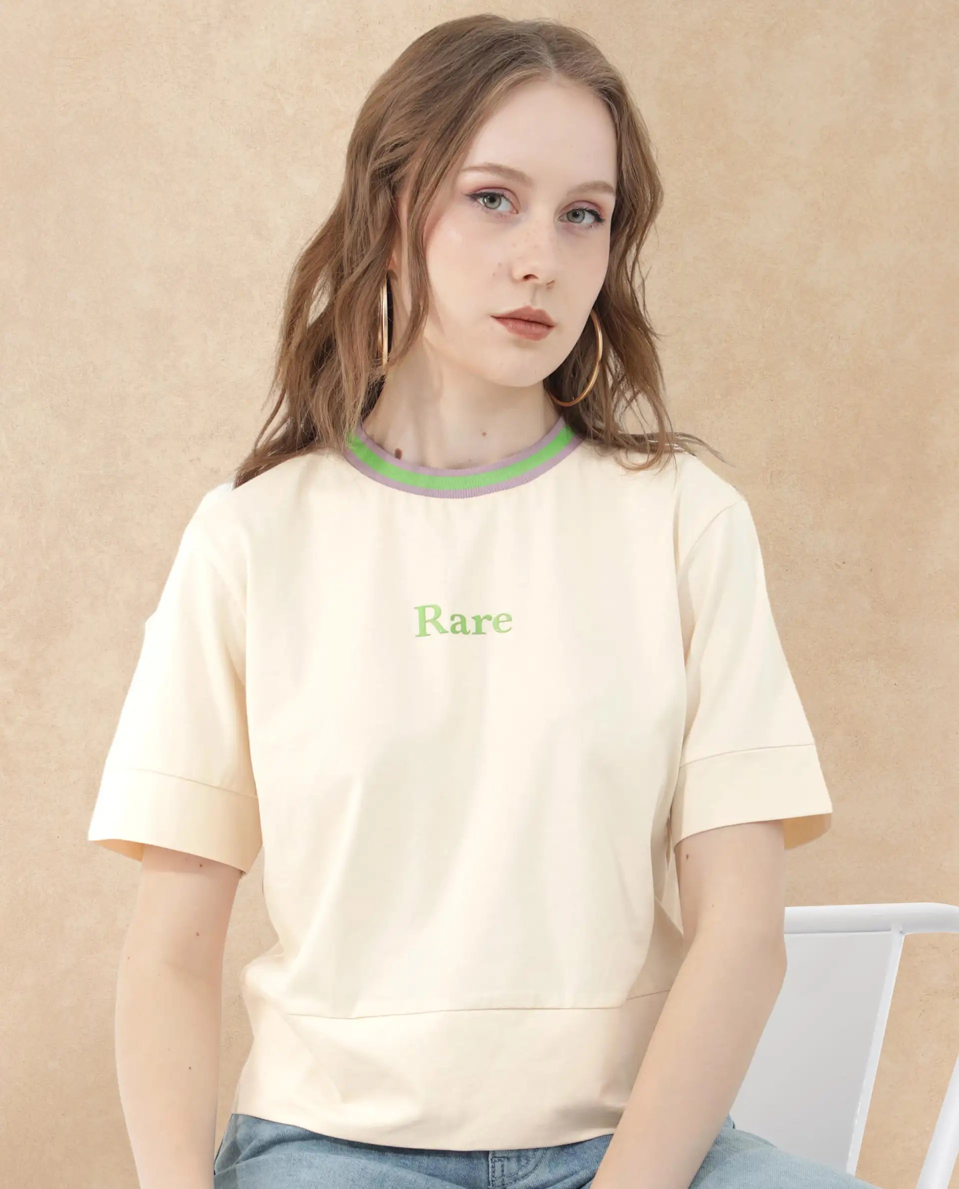 Rareism Women Eliza Light Beige Cotton Elastane Fabric Crew Neck Knit Solid T-Shirt