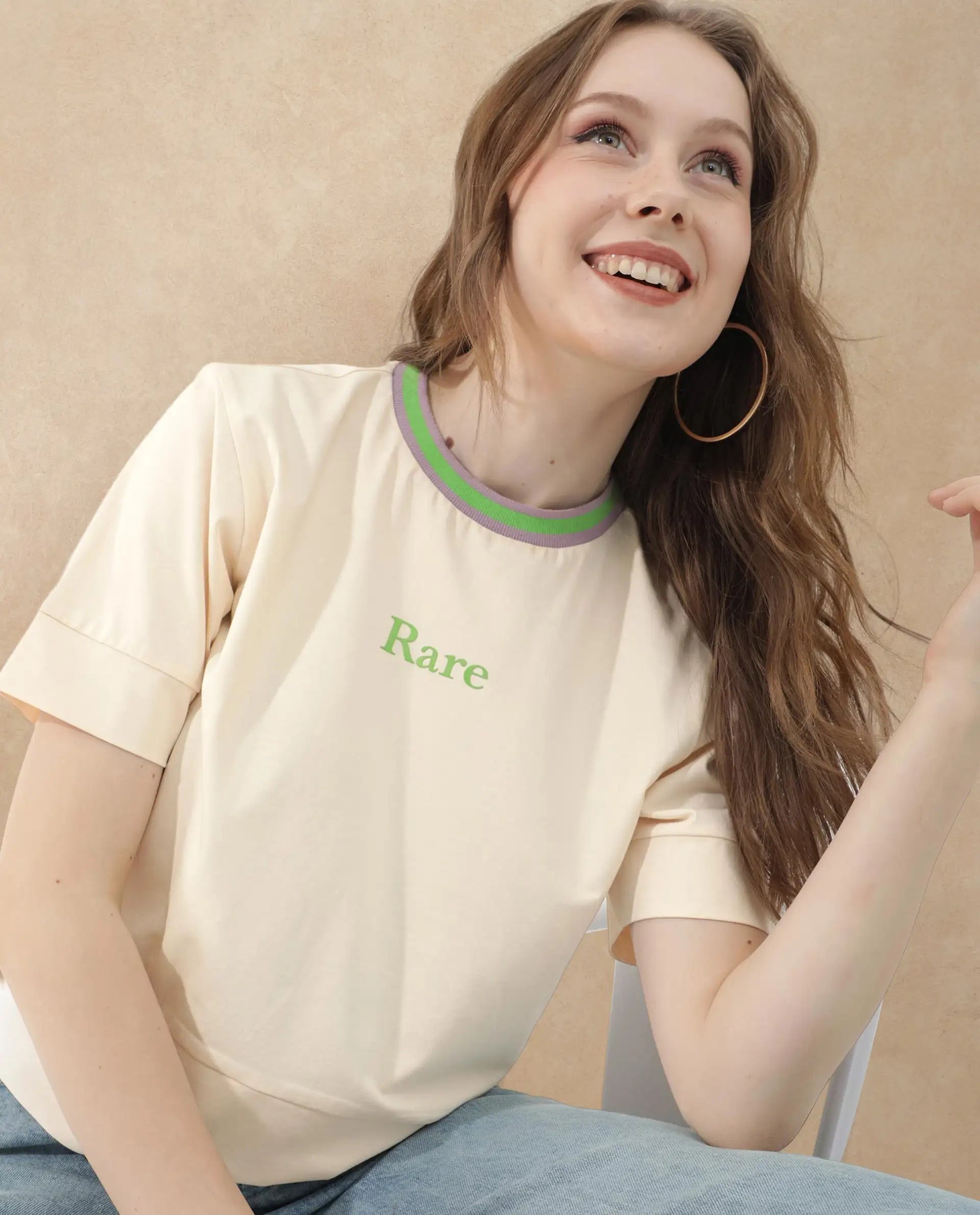 Rareism Women Eliza Light Beige Cotton Elastane Fabric Crew Neck Knit Solid T-Shirt