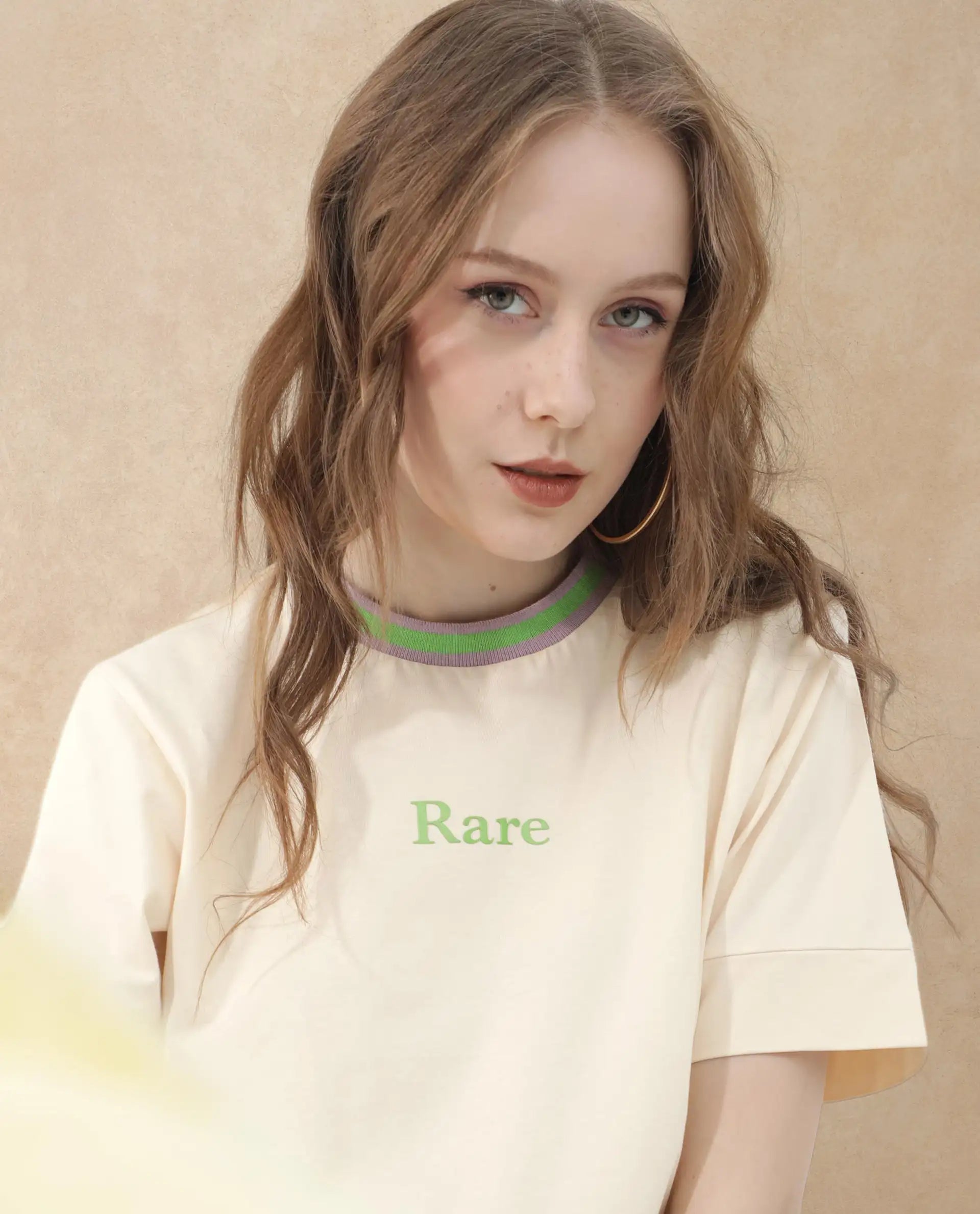 Rareism Women Eliza Light Beige Cotton Elastane Fabric Crew Neck Knit Solid T-Shirt