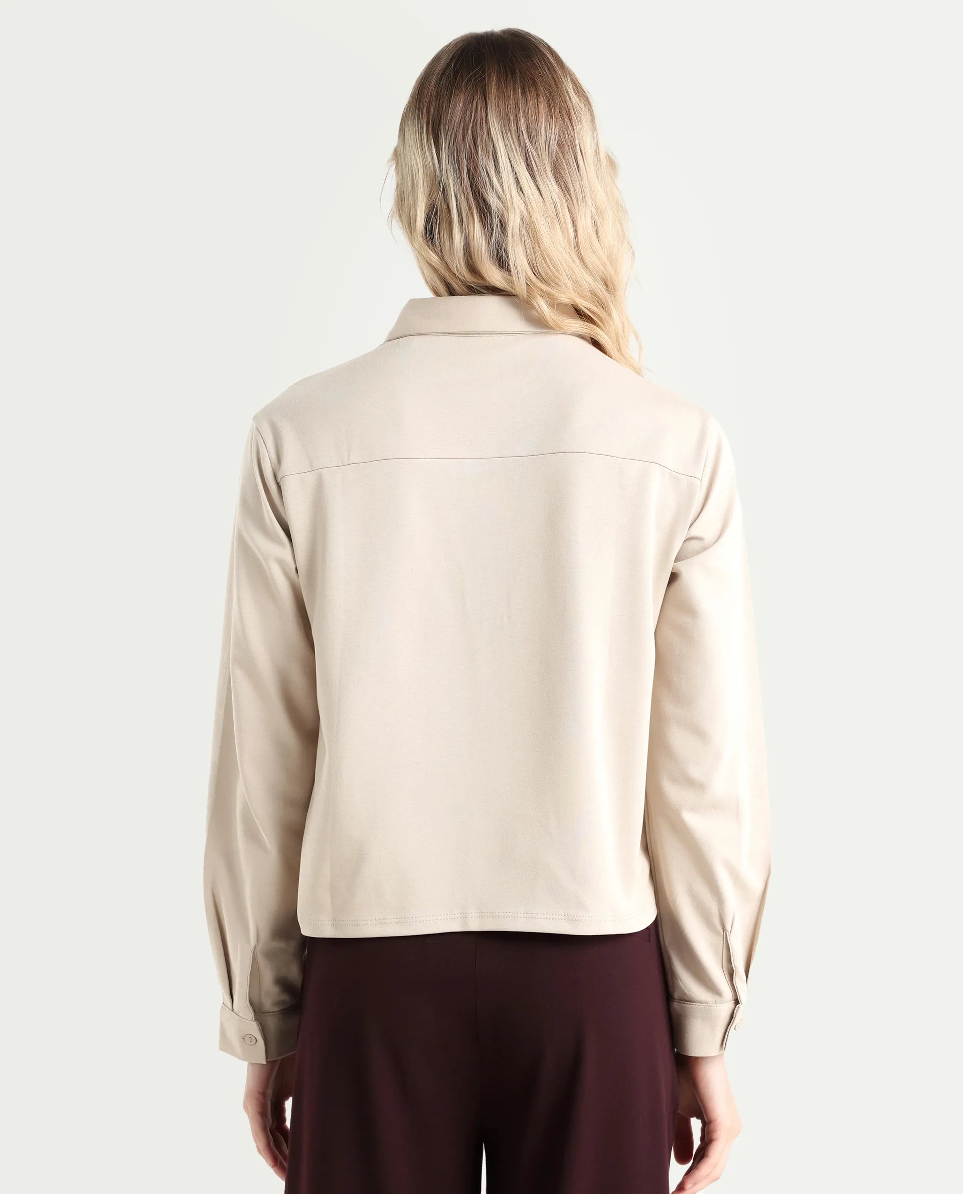 Rareism Women's Ellery Beige Cotton Blend Drop Collar Plain Regular Fit Shirt