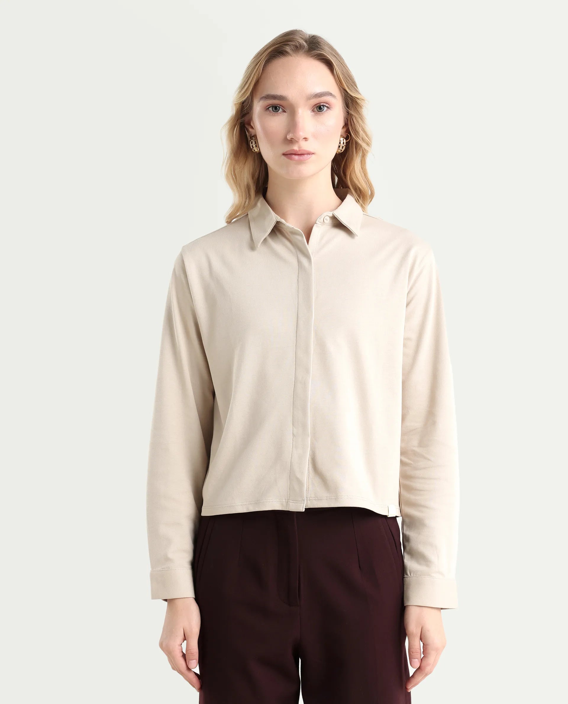 Rareism Women's Ellery Beige Cotton Blend Drop Collar Plain Regular Fit Shirt