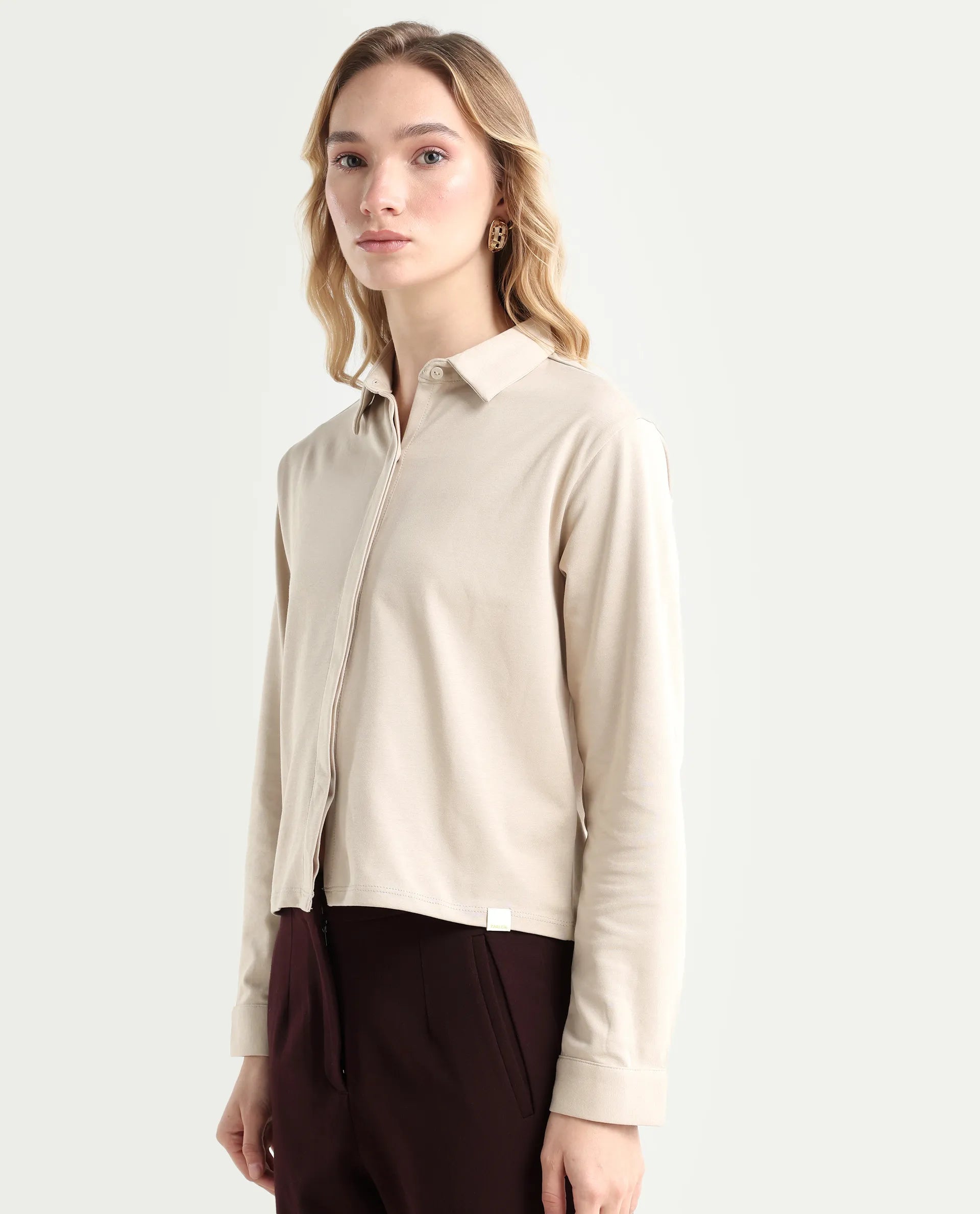 Rareism Women's Ellery Beige Cotton Blend Drop Collar Plain Regular Fit Shirt