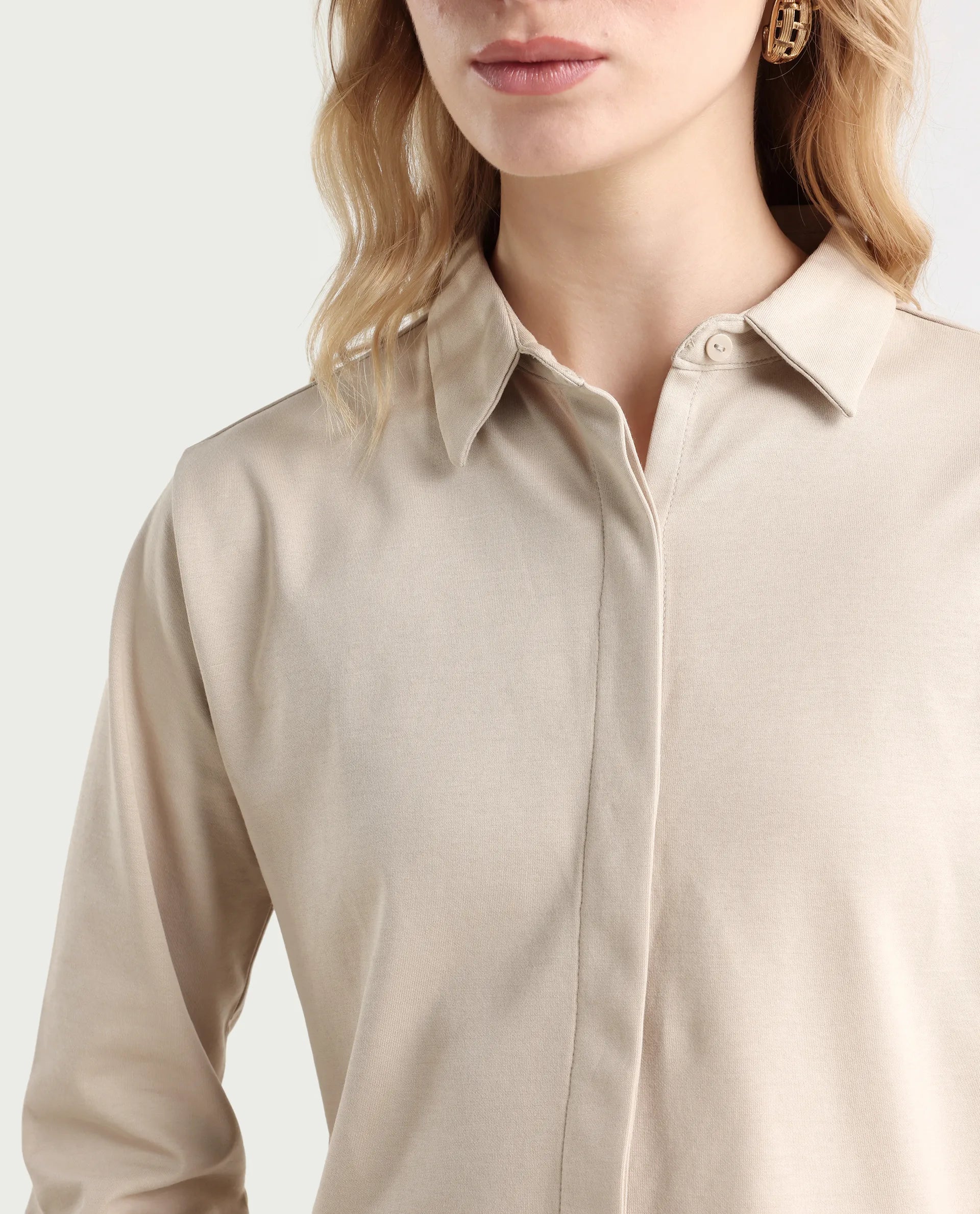 Rareism Women's Ellery Beige Cotton Blend Drop Collar Plain Regular Fit Shirt