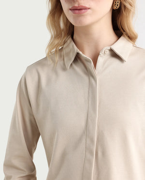 Rareism Women's Ellery Beige Cotton Blend Drop Collar Plain Regular Fit Shirt