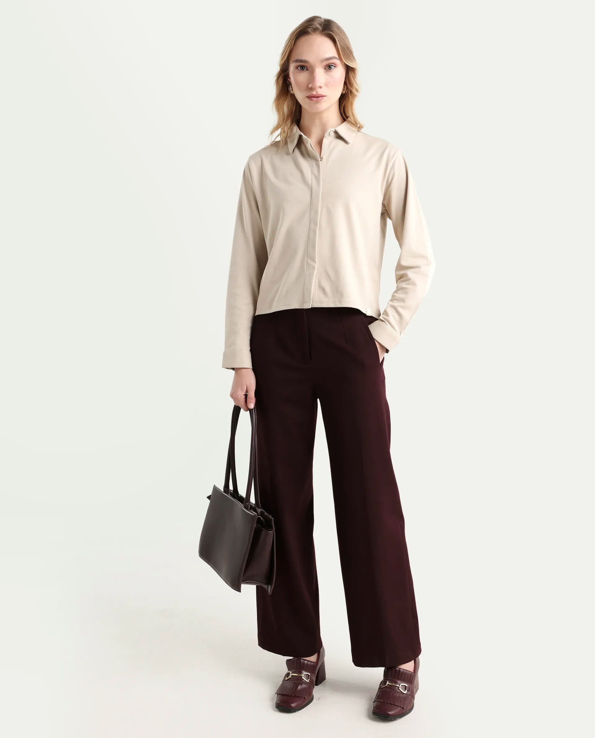 Rareism Women's Ellery Beige Cotton Blend Drop Collar Plain Regular Fit Shirt