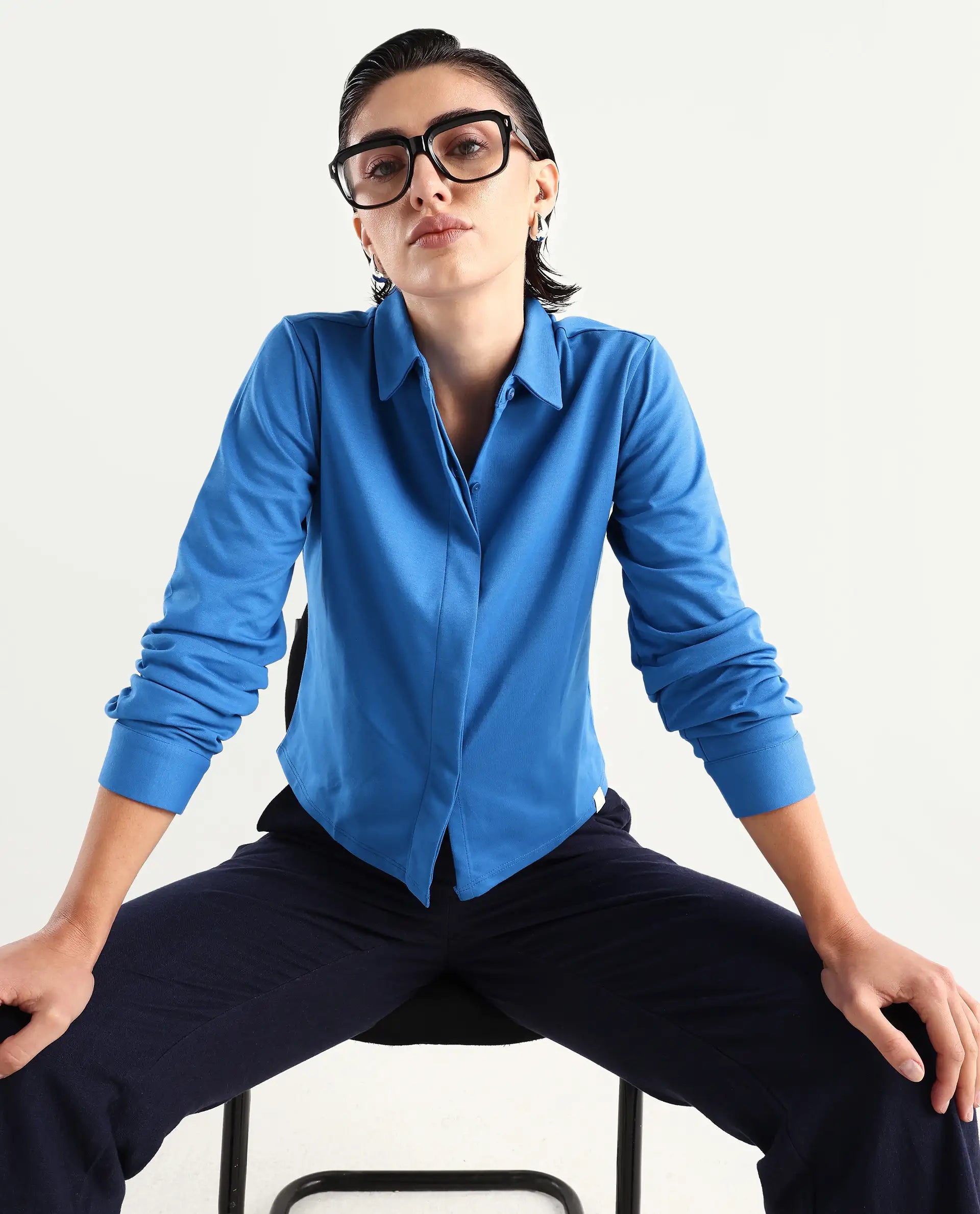 Rareism Women's Ellery Blue Cotton Blend Drop Collar Plain Regular Fit Shirt