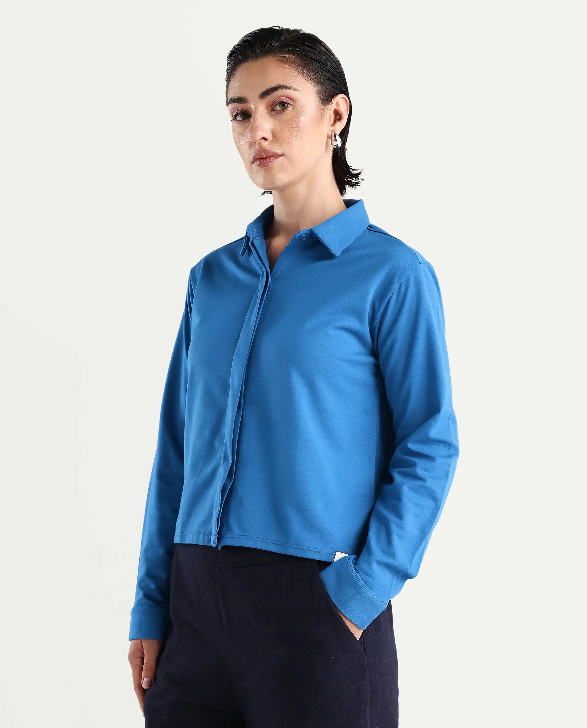Rareism Women's Ellery Blue Cotton Blend Drop Collar Plain Regular Fit Shirt