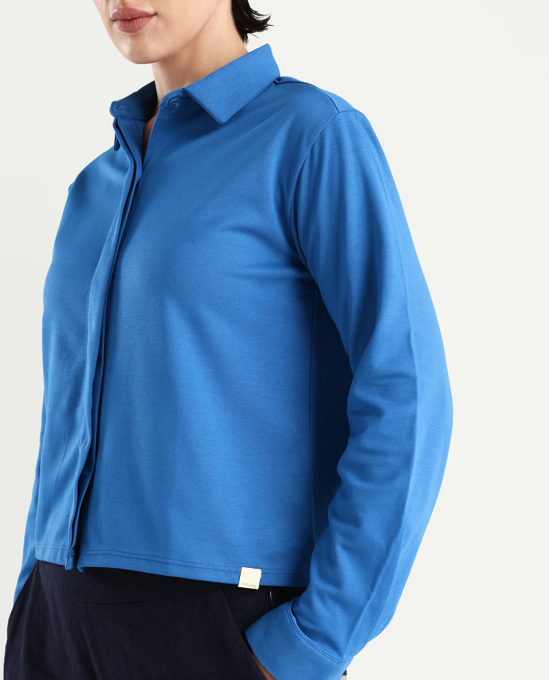 Rareism Women's Ellery Blue Cotton Blend Drop Collar Plain Regular Fit Shirt