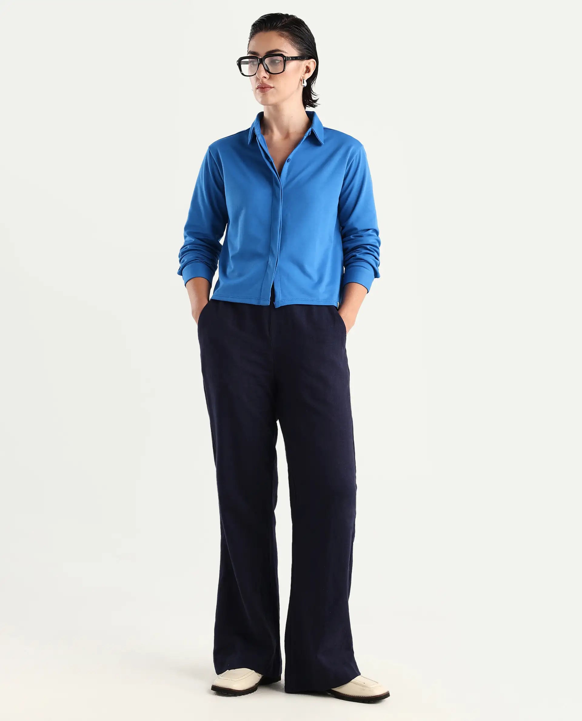 Rareism Women's Ellery Blue Cotton Blend Drop Collar Plain Regular Fit Shirt