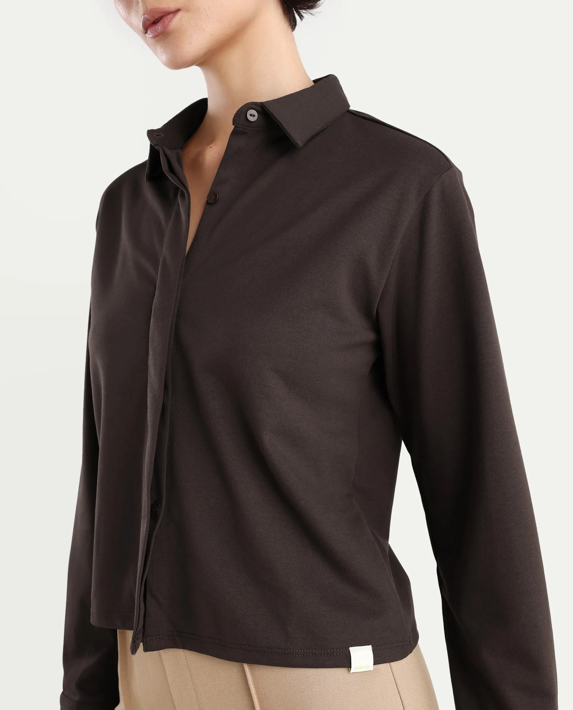 Rareism Women's Ellery Brown Cotton Blend Drop Collar Plain Regular Fit Shirt