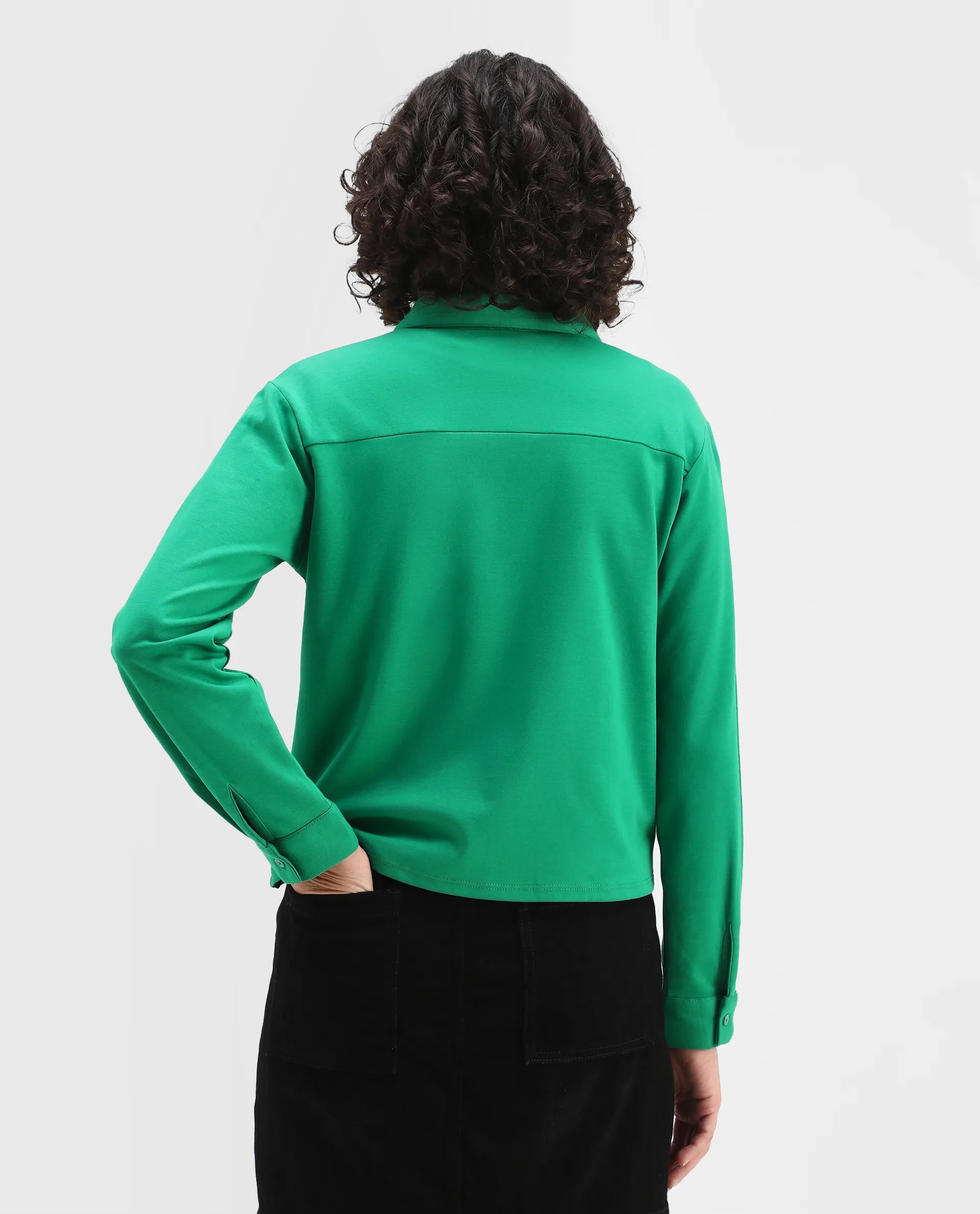 Rareism Women's Ellery Green Cotton Blend Drop Collar Plain Regular Fit Shirt