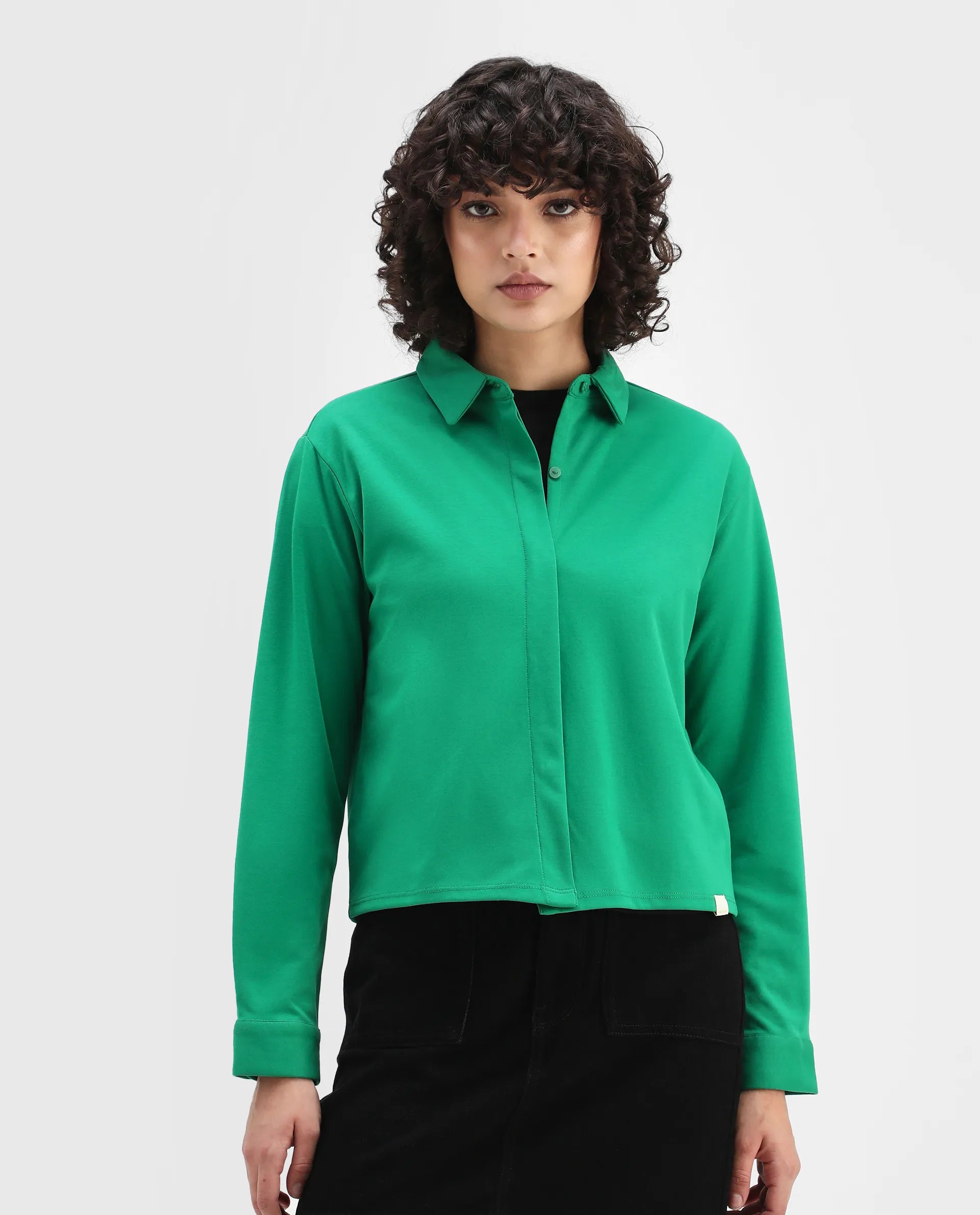 Rareism Women's Ellery Green Cotton Blend Drop Collar Plain Regular Fit Shirt