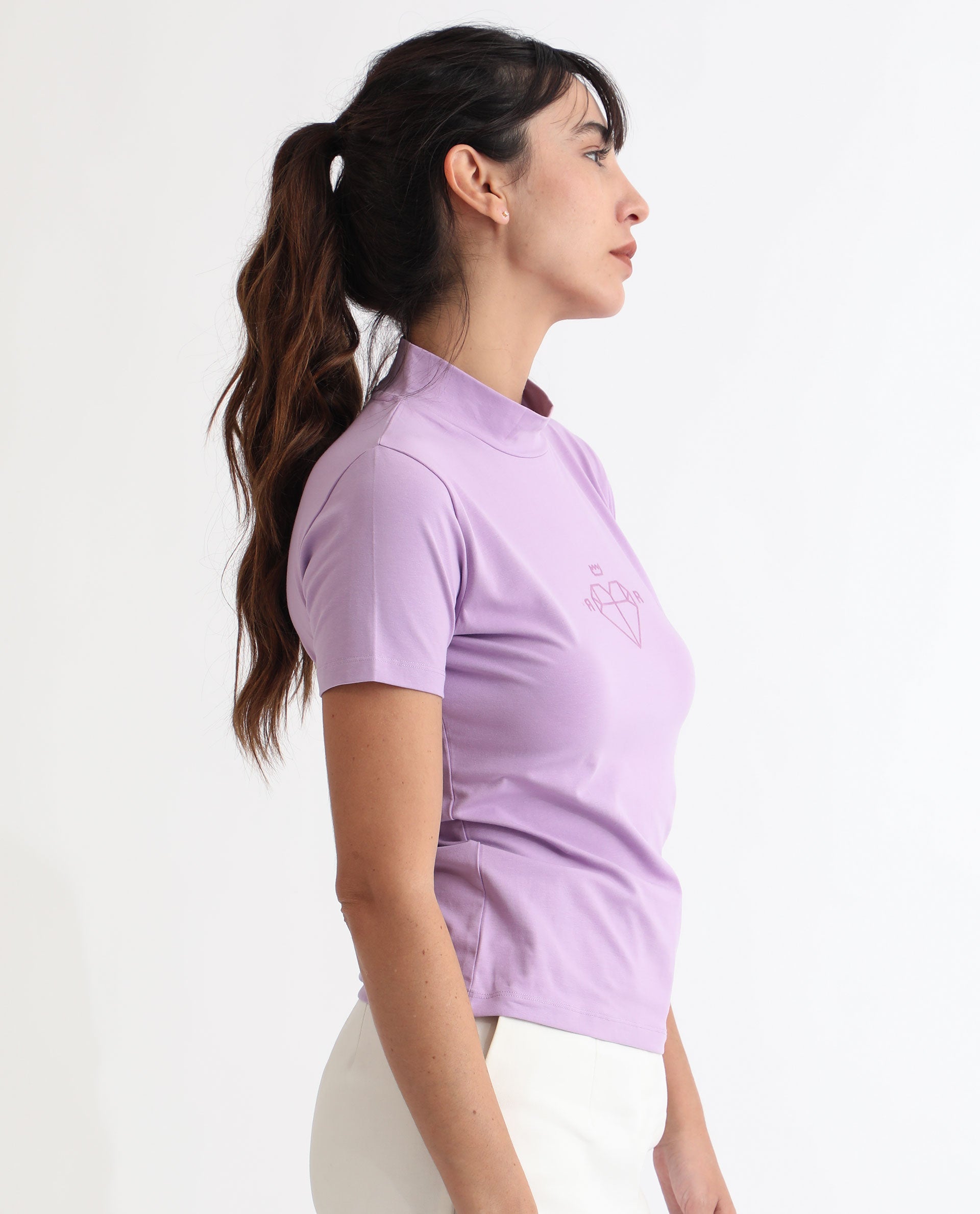 Rareism Women Ellie Purple Cotton Fabric Short Sleeves High Neck Regular Fit Graphic Print T-Shirt