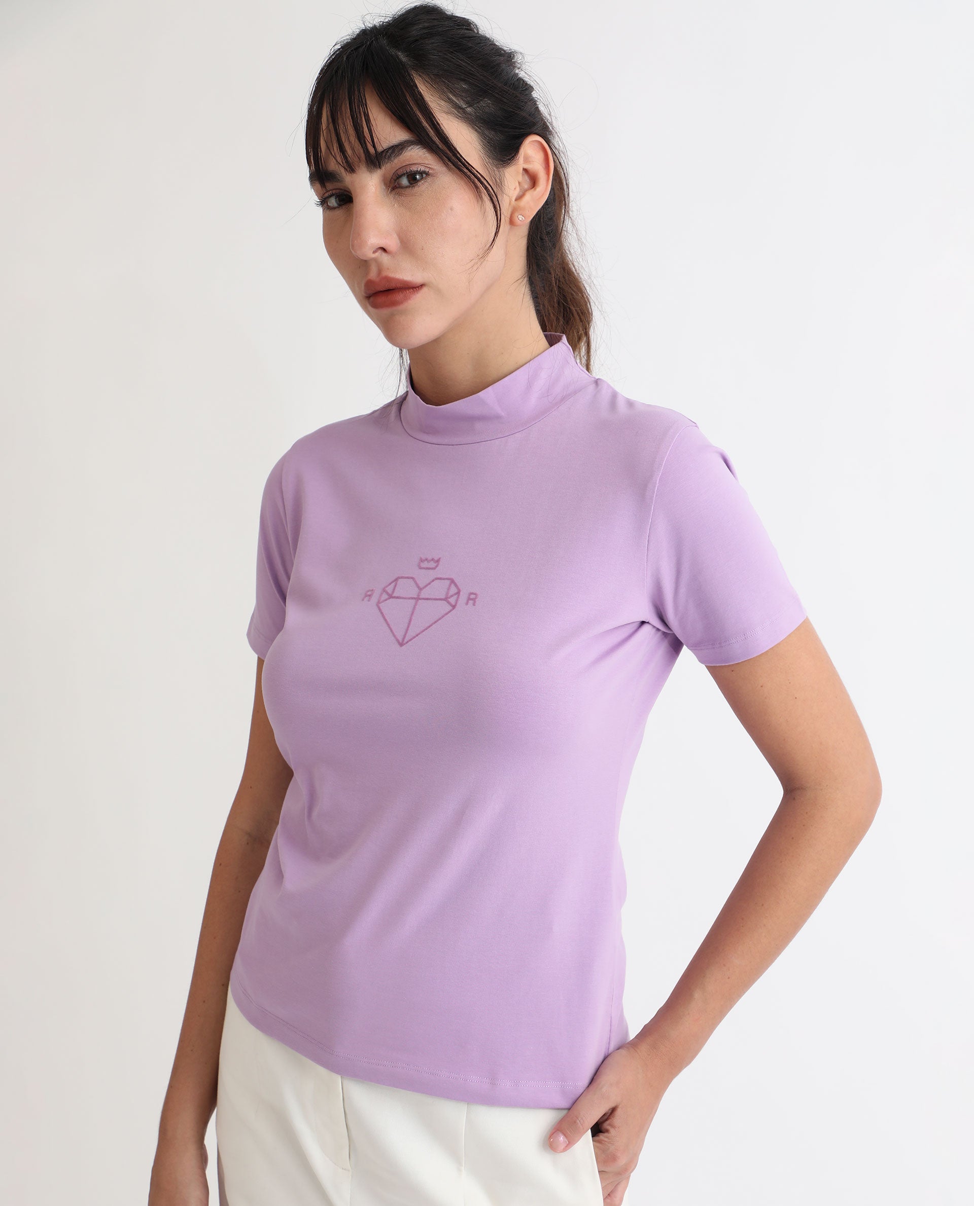 Rareism Women Ellie Purple Cotton Fabric Short Sleeves High Neck Regular Fit Graphic Print T-Shirt