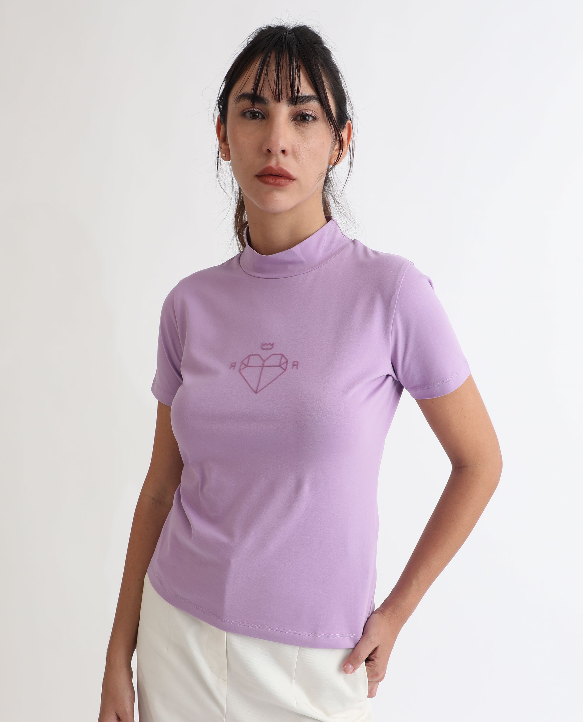Rareism Women Ellie Purple Cotton Fabric Short Sleeves High Neck Regular Fit Graphic Print T-Shirt
