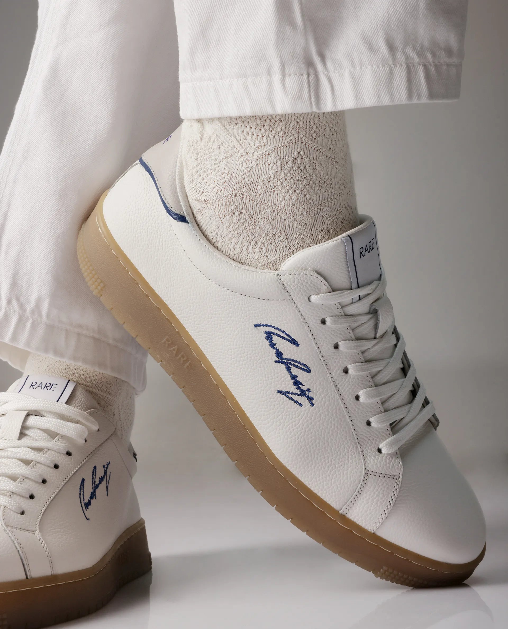 Rare Rabbit Men Elliot White Genuine Leather Embroidered Signature Low-top Lace-Up Closure Sneaker