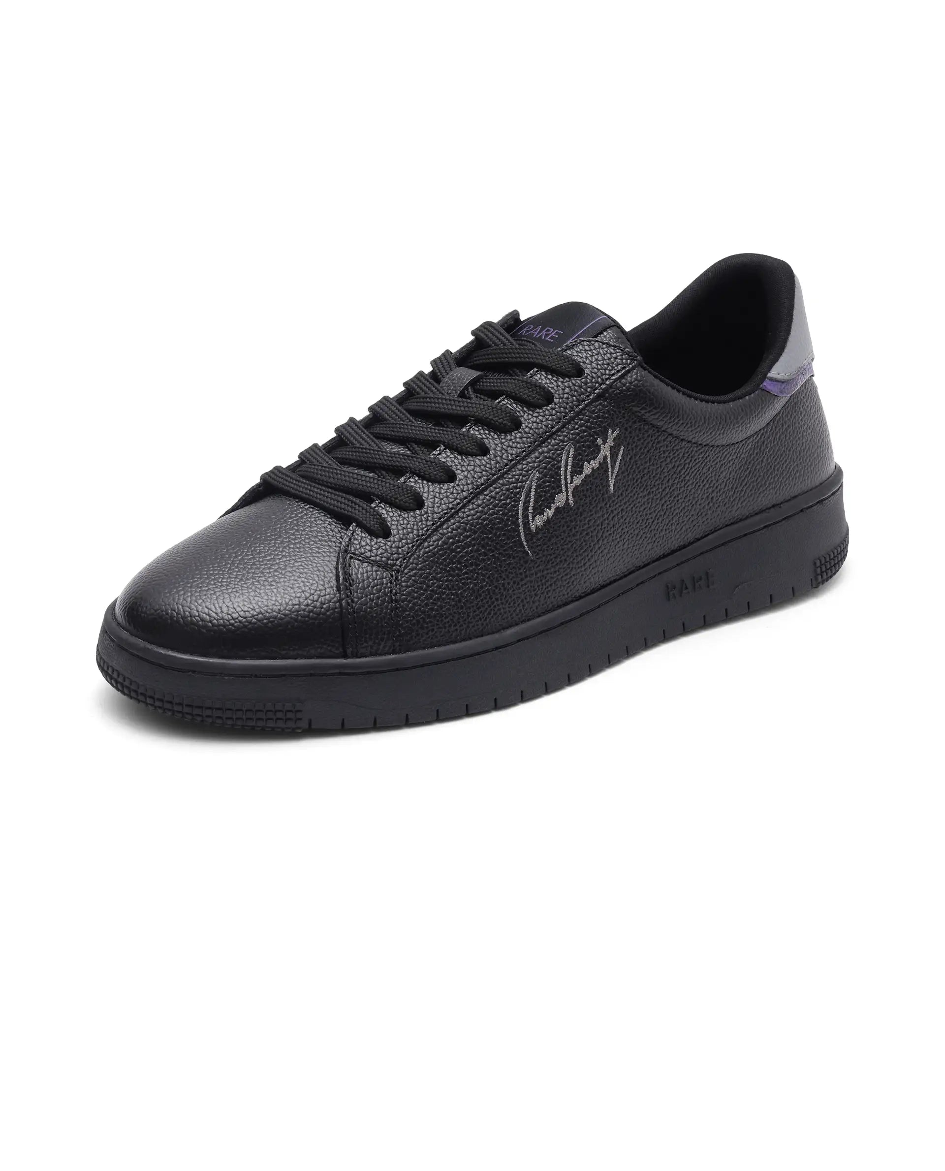 Rare Rabbit Men Elliot Black Genuine Leather Embroidered Signature Low-top Lace-Up Closure Sneaker