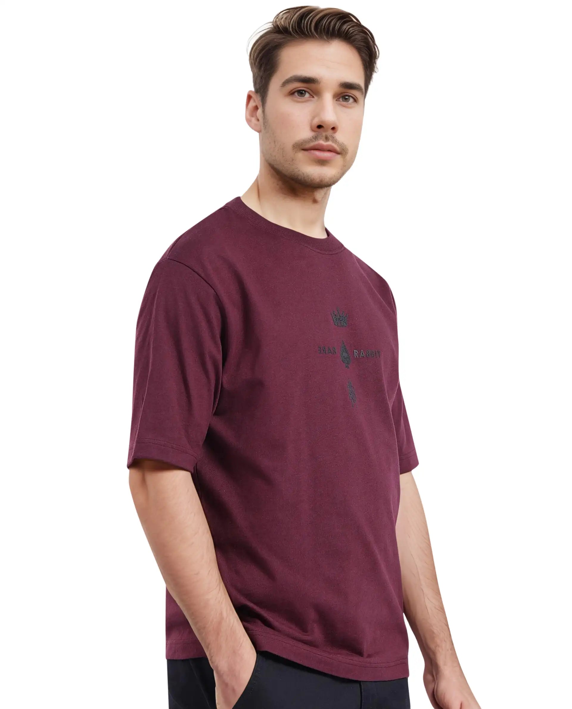 Rare Rabbit Men Ello Dark Maroon Short Sleeve Crew Neck Boxy Fit HD Print T-Shirt