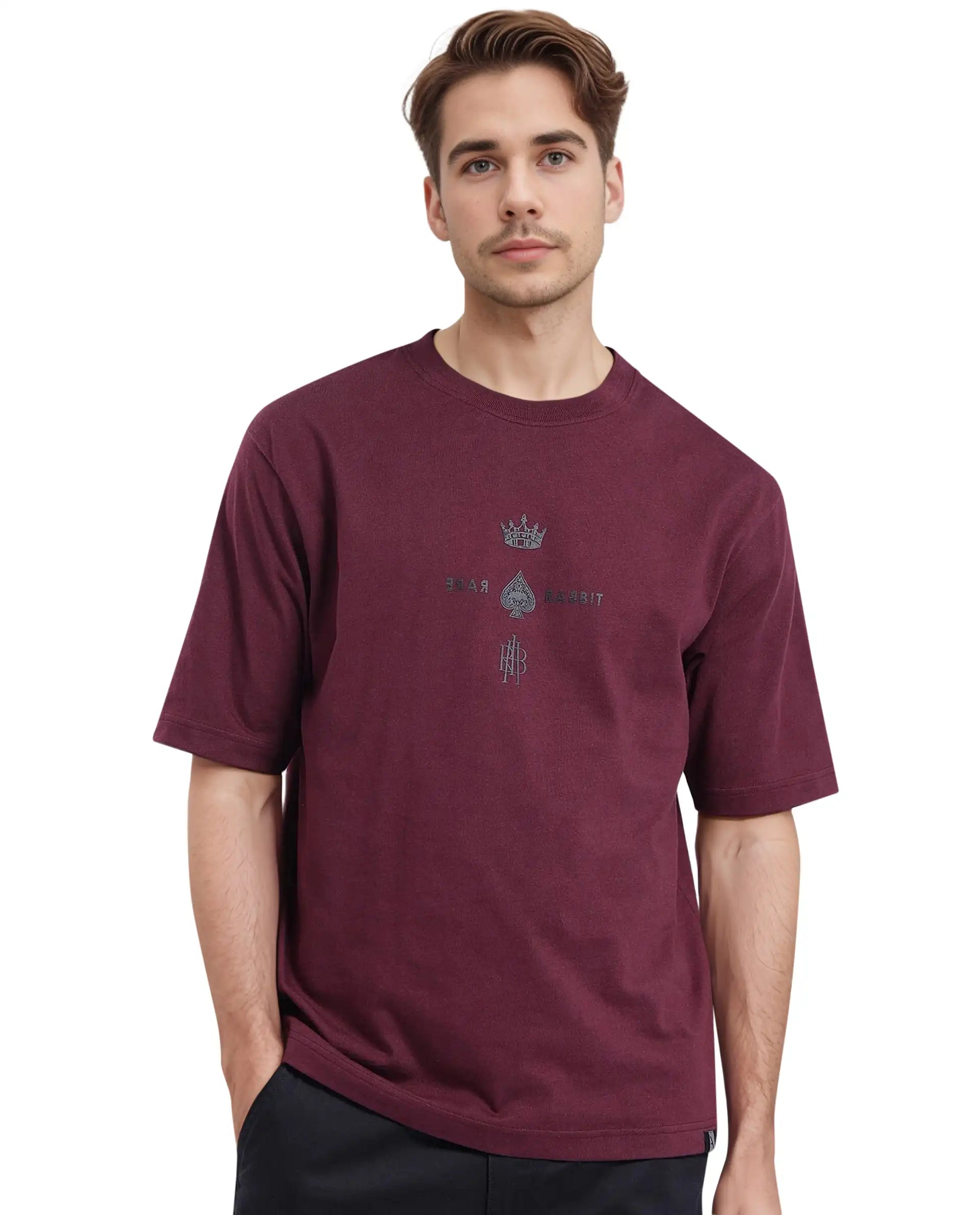 Rare Rabbit Men Ello Dark Maroon Short Sleeve Crew Neck Boxy Fit HD Print T-Shirt