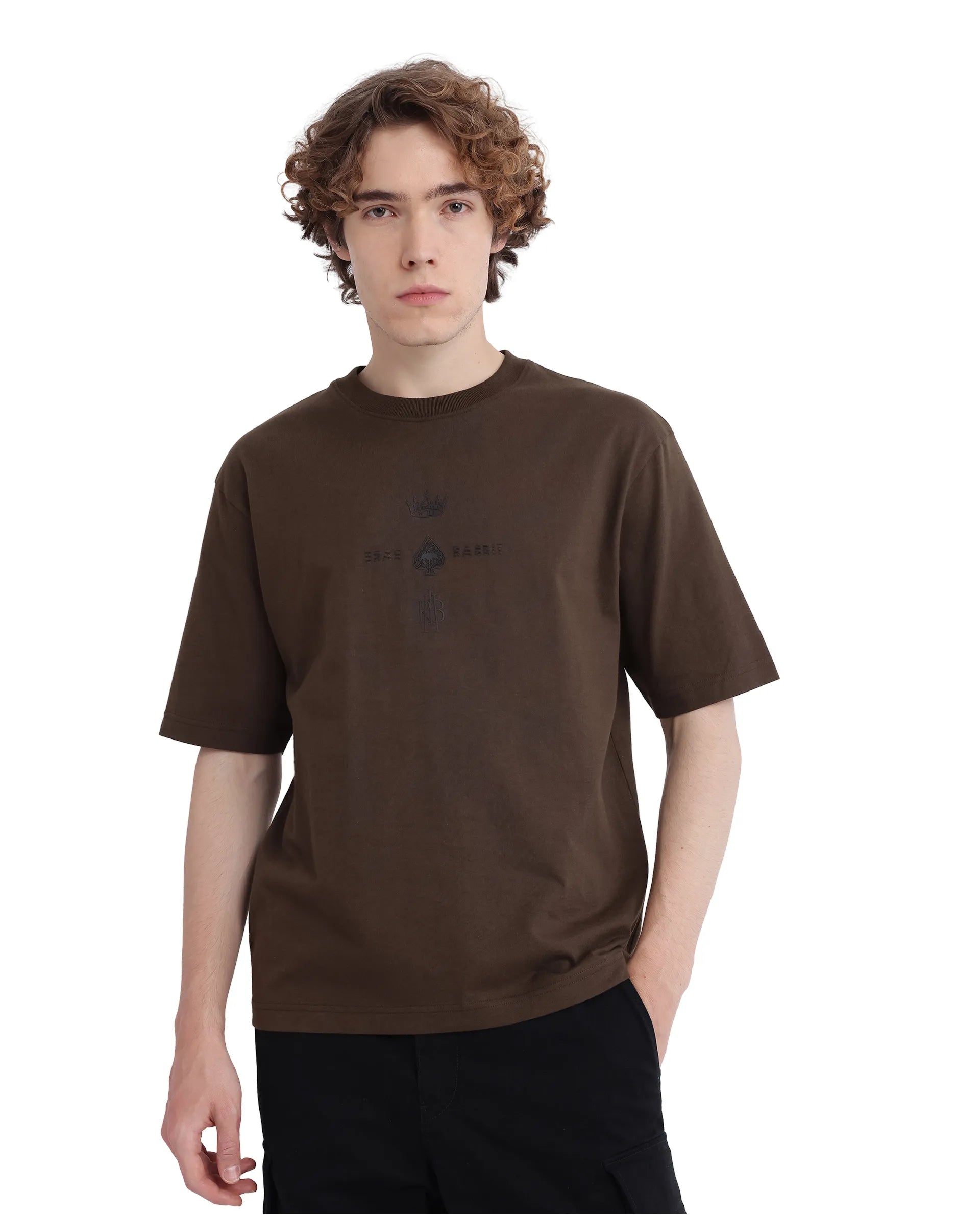 Rare Rabbit Men Ello Olive Short Sleeve Crew Neck Boxy Fit HD Print T-Shirt