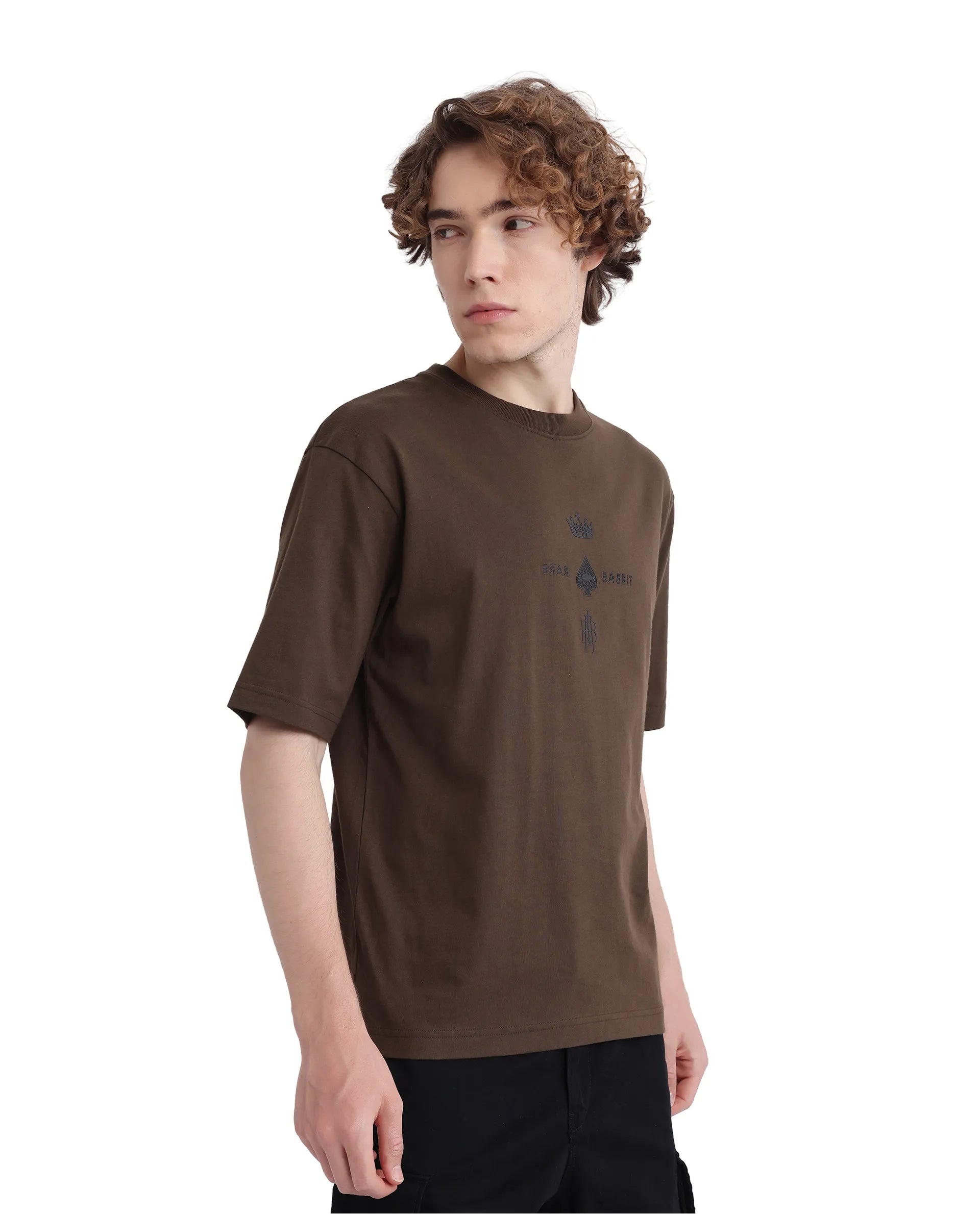 Rare Rabbit Men Ello Olive Short Sleeve Crew Neck Boxy Fit HD Print T-Shirt