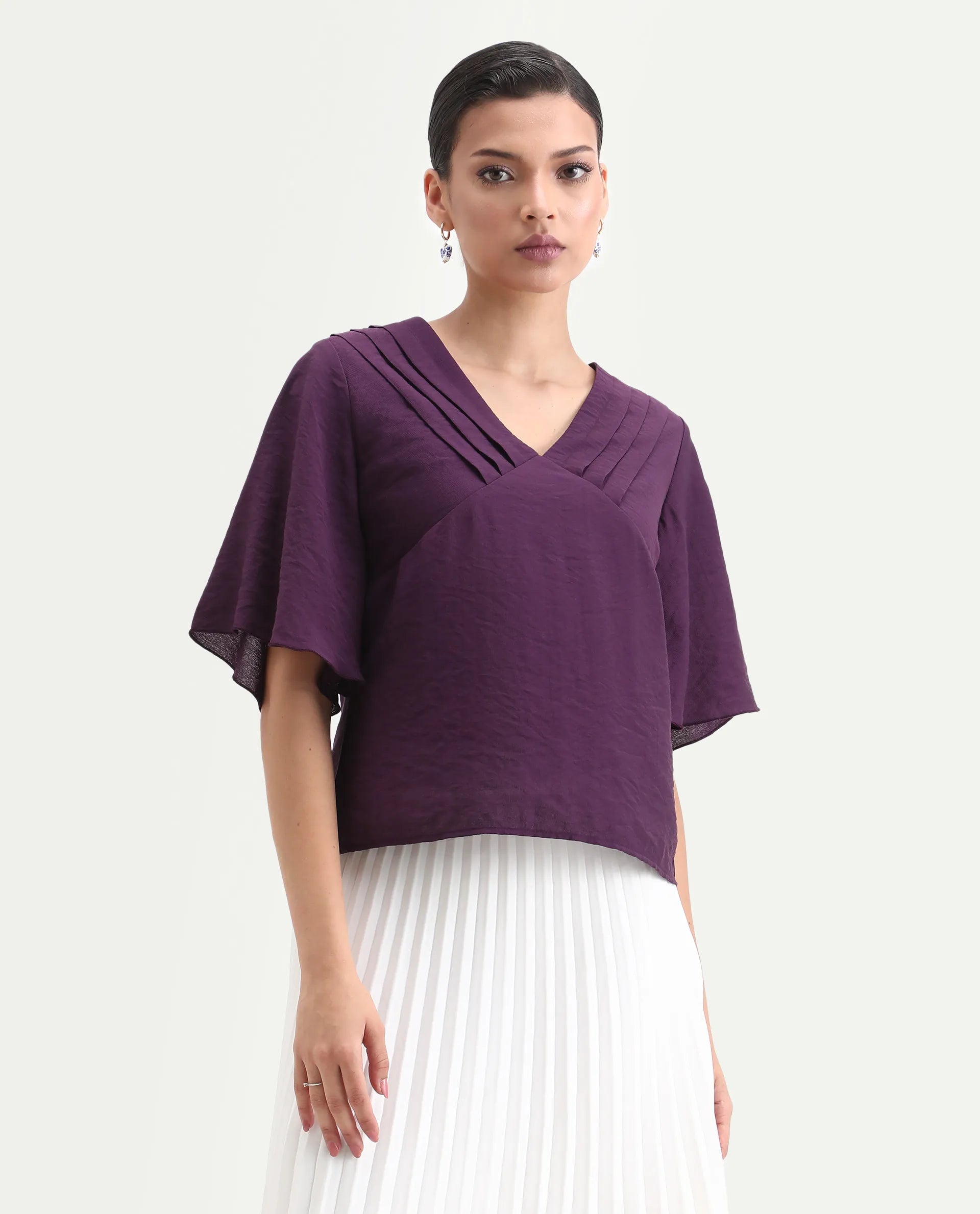 Rareism Women's Elloy Purple Polyester Bell Sleeves V-Neck Regular Fit Plain Top