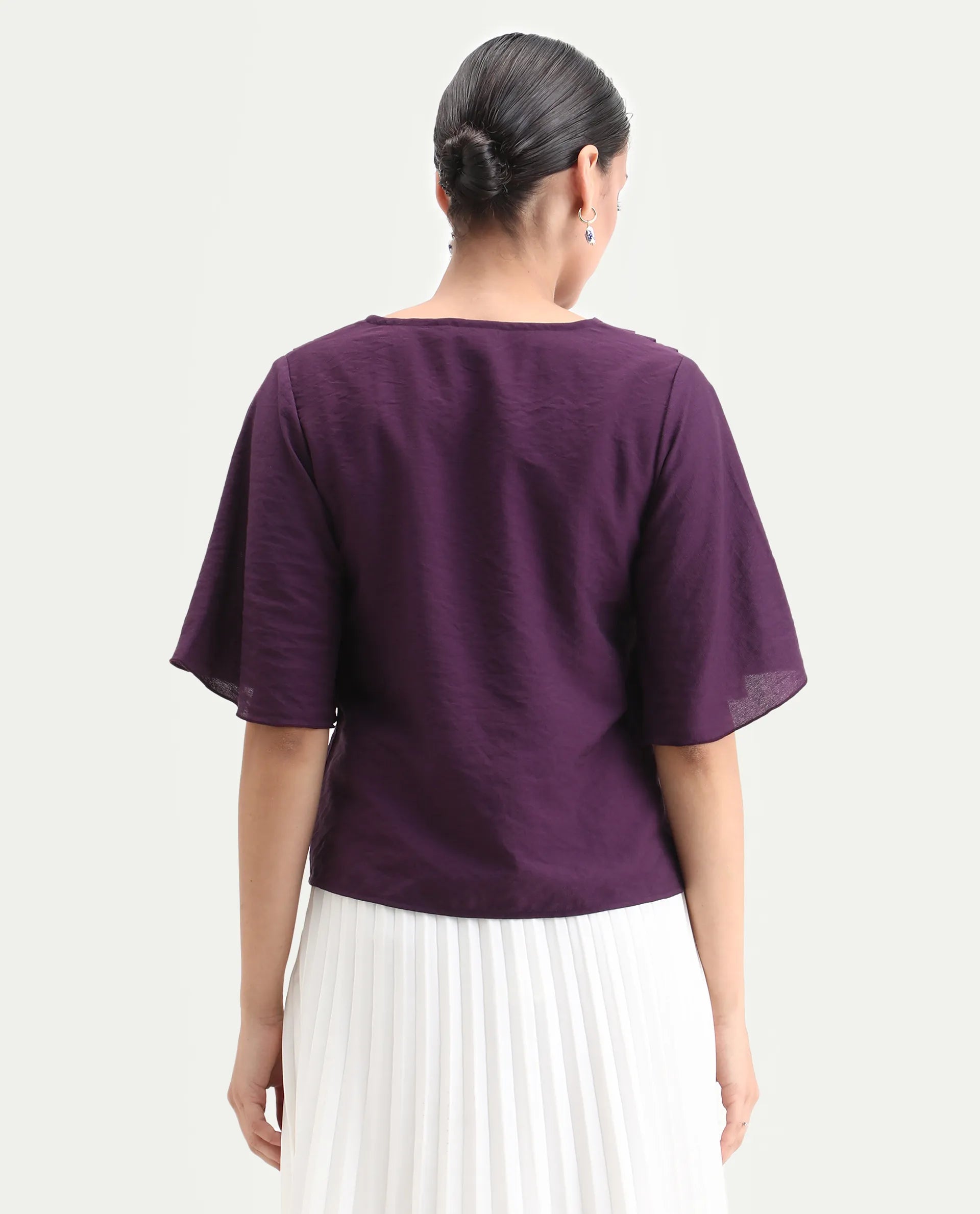 Rareism Women's Elloy Purple Polyester Bell Sleeves V-Neck Regular Fit Plain Top