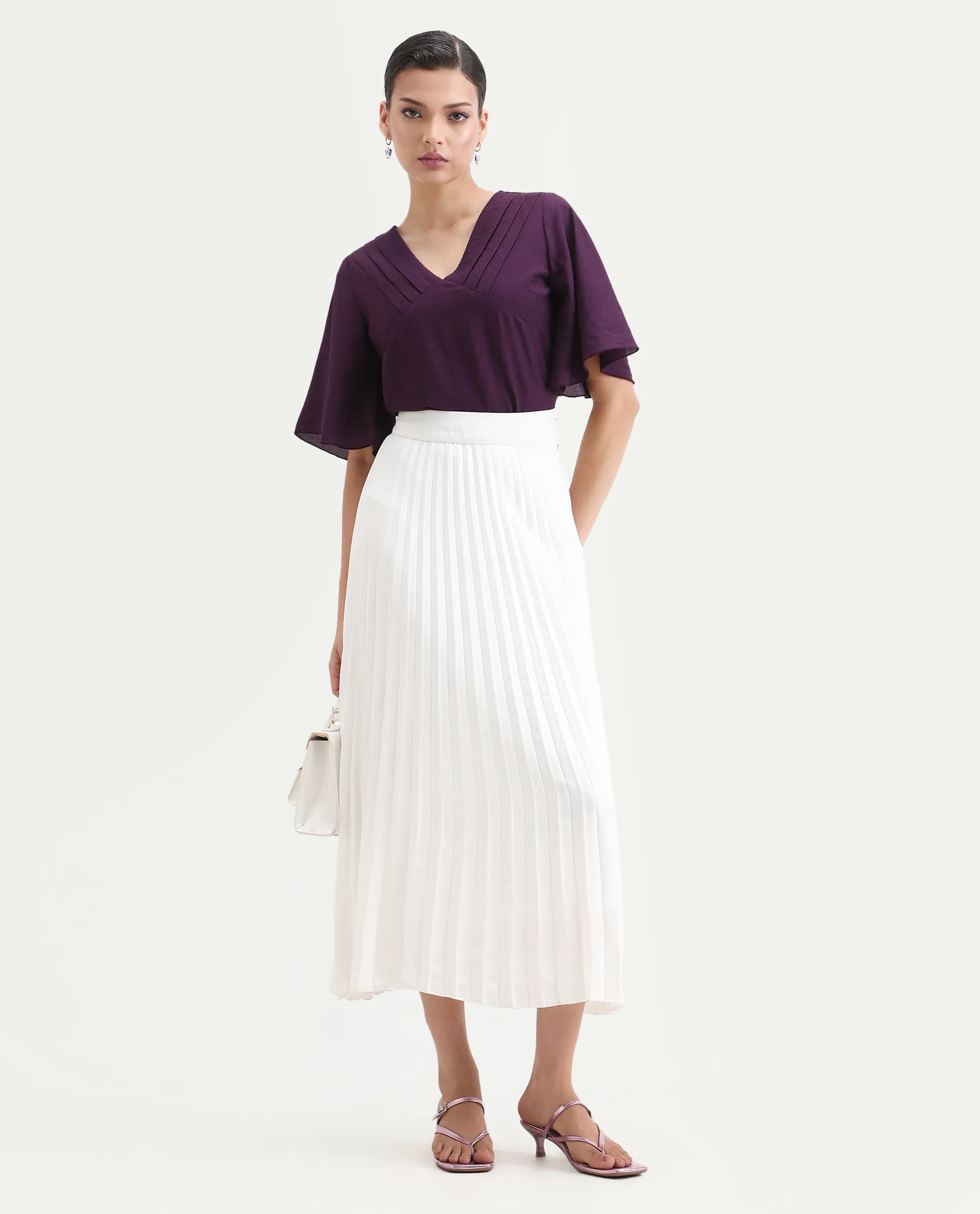 Rareism Women's Elloy Purple Polyester Bell Sleeves V-Neck Regular Fit Plain Top