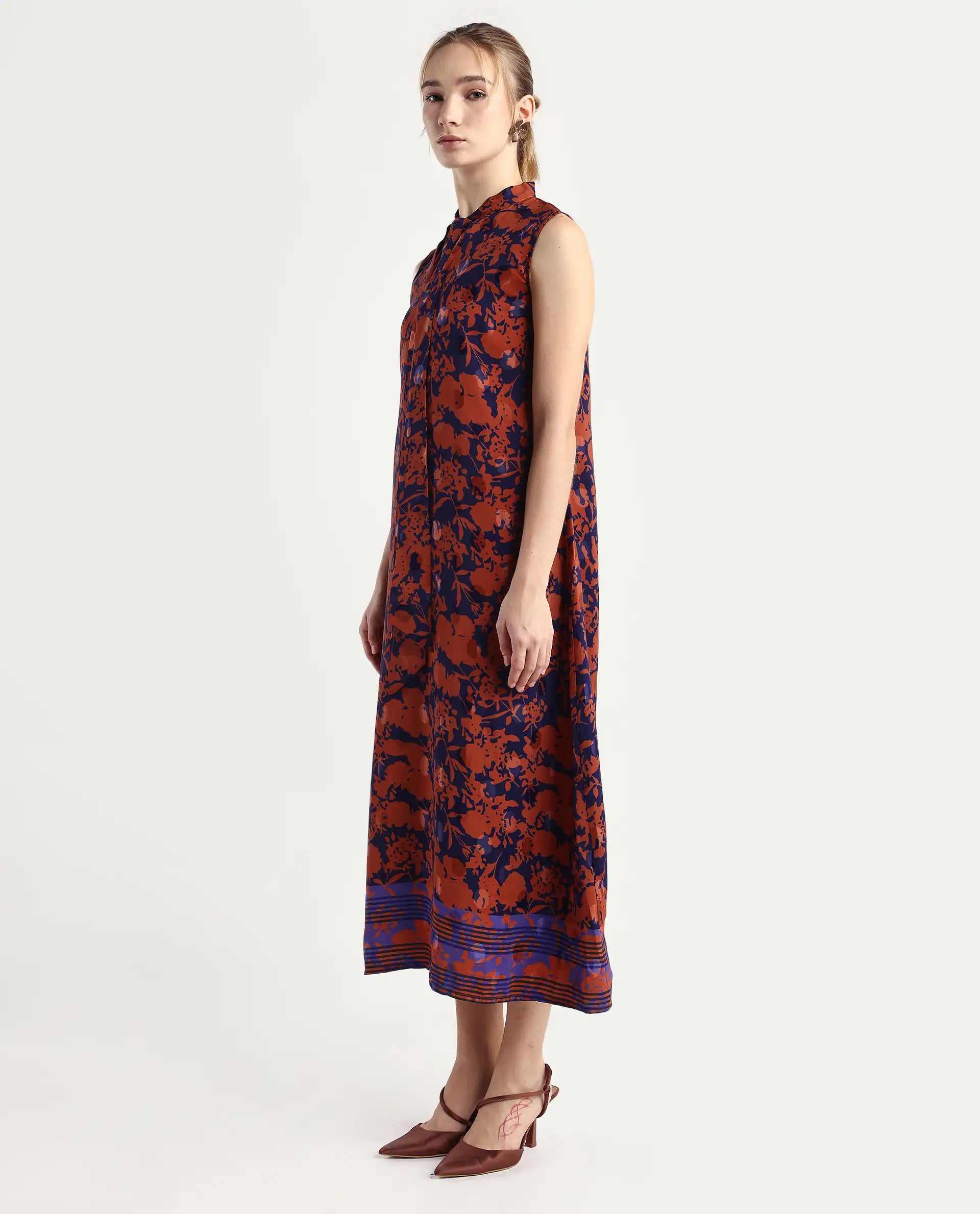 Rareism Women's Ellu Brown Polyester Tie-Up Neck Floral Print Sleeveless Knee Length Regular Fit Dress