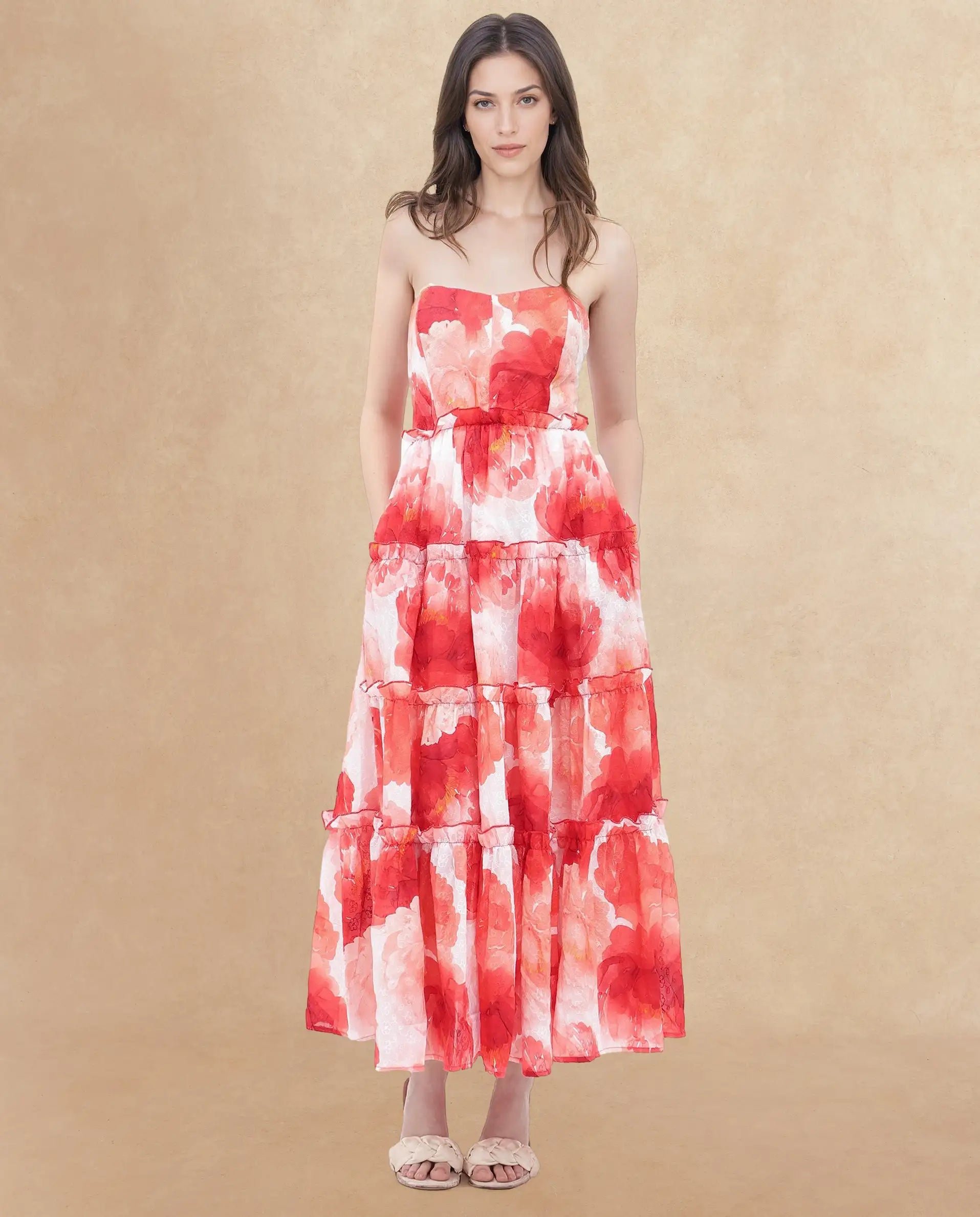 Rareism Women's Elma Pink Cotton Shoulder Strap Floral Print Sleeveless Maxi Fit And Flare Dress