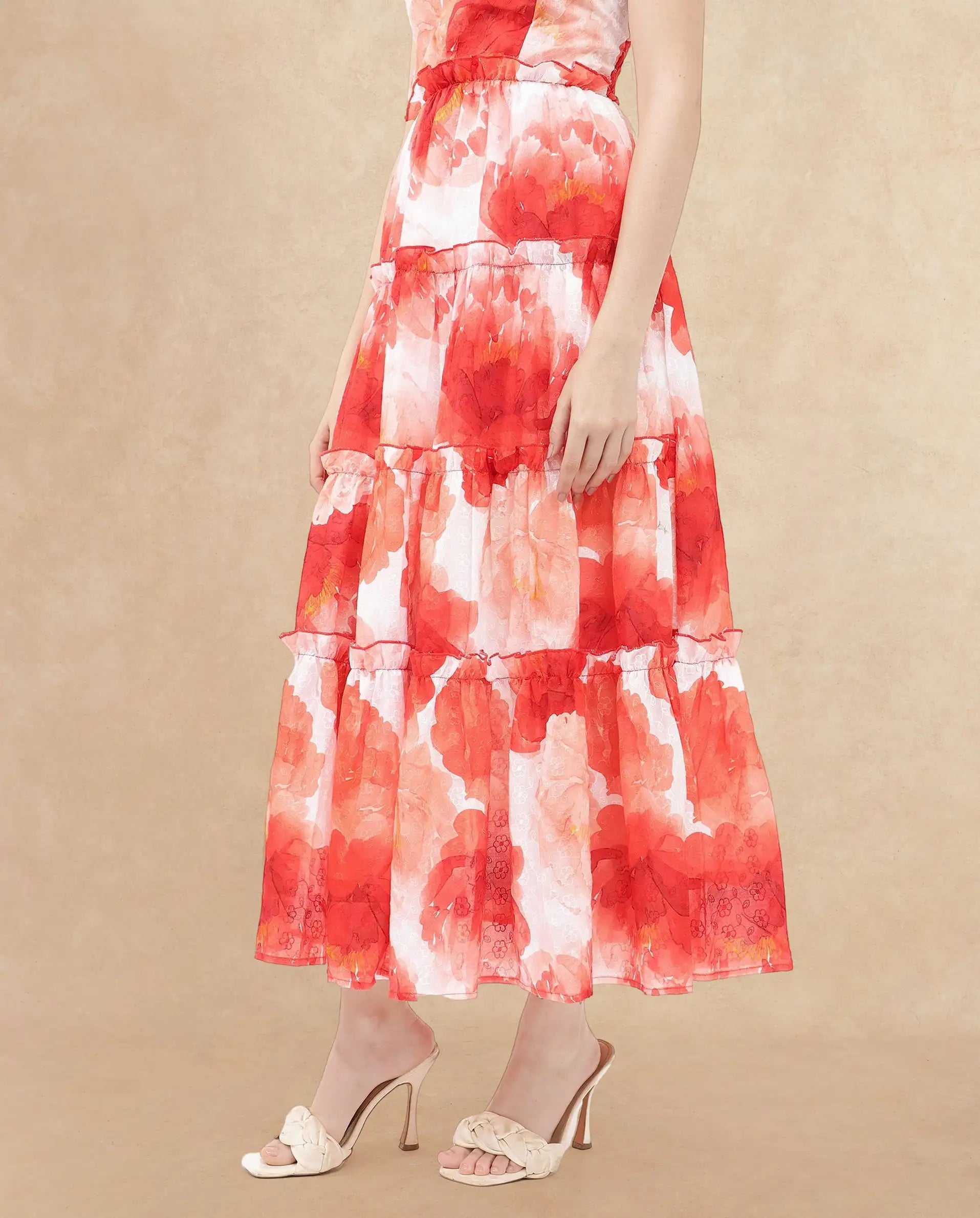 Rareism Women's Elma Pink Cotton Shoulder Strap Floral Print Sleeveless Maxi Fit And Flare Dress