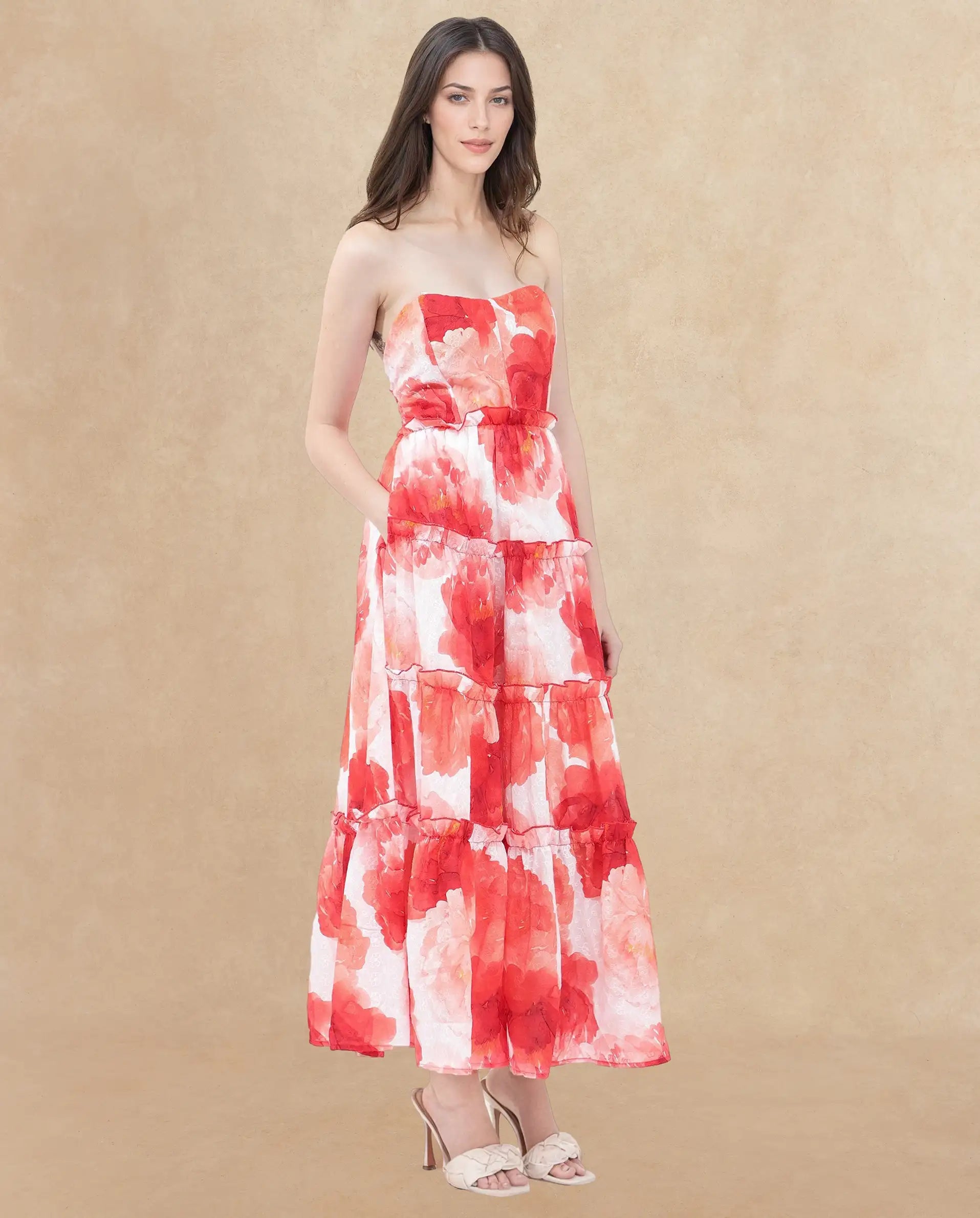 Rareism Women's Elma Pink Cotton Shoulder Strap Floral Print Sleeveless Maxi Fit And Flare Dress