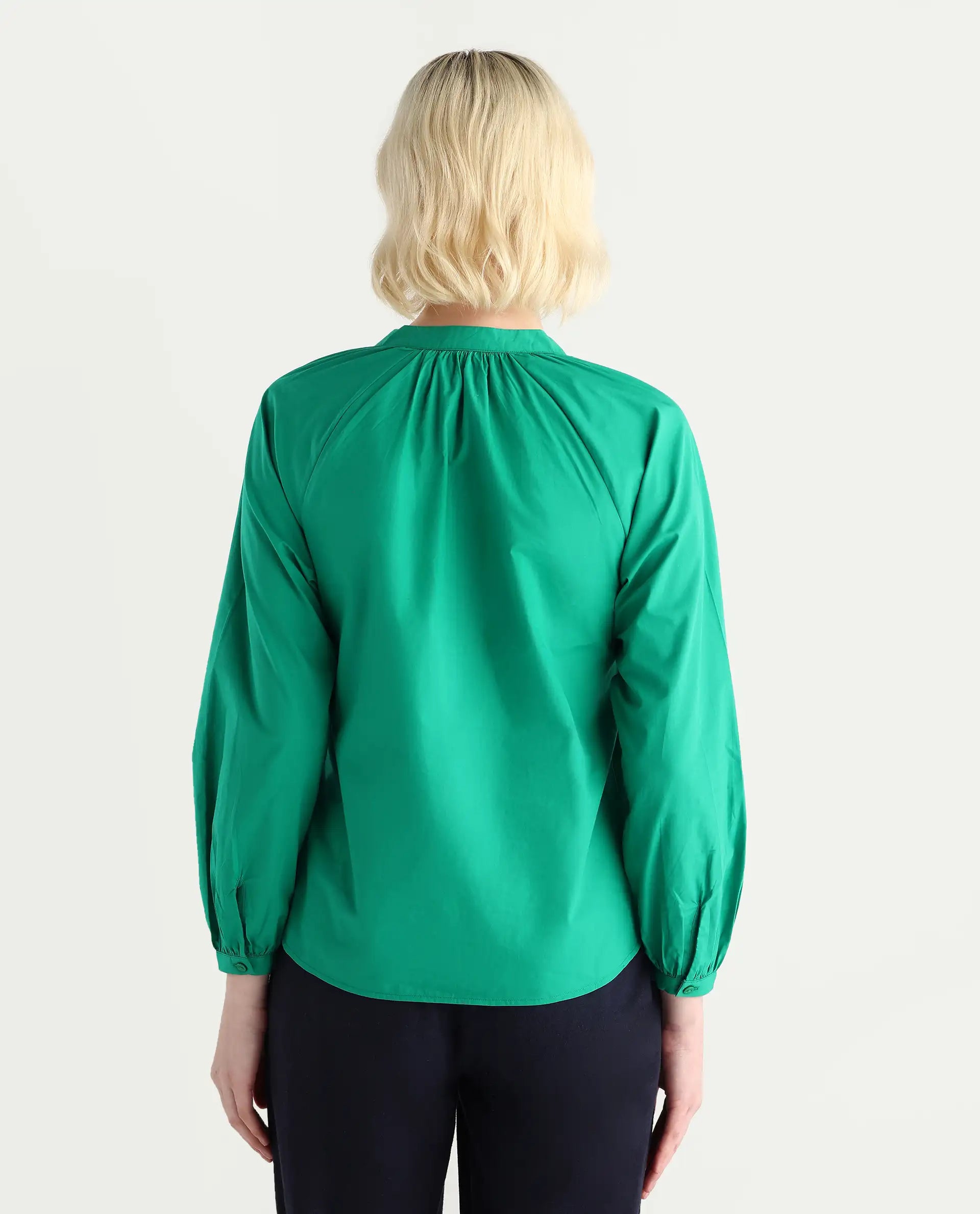 Rareism Women's Elmar Green Cotton Raglan Sleeves Mandarin Collar Regular Fit Plain Top