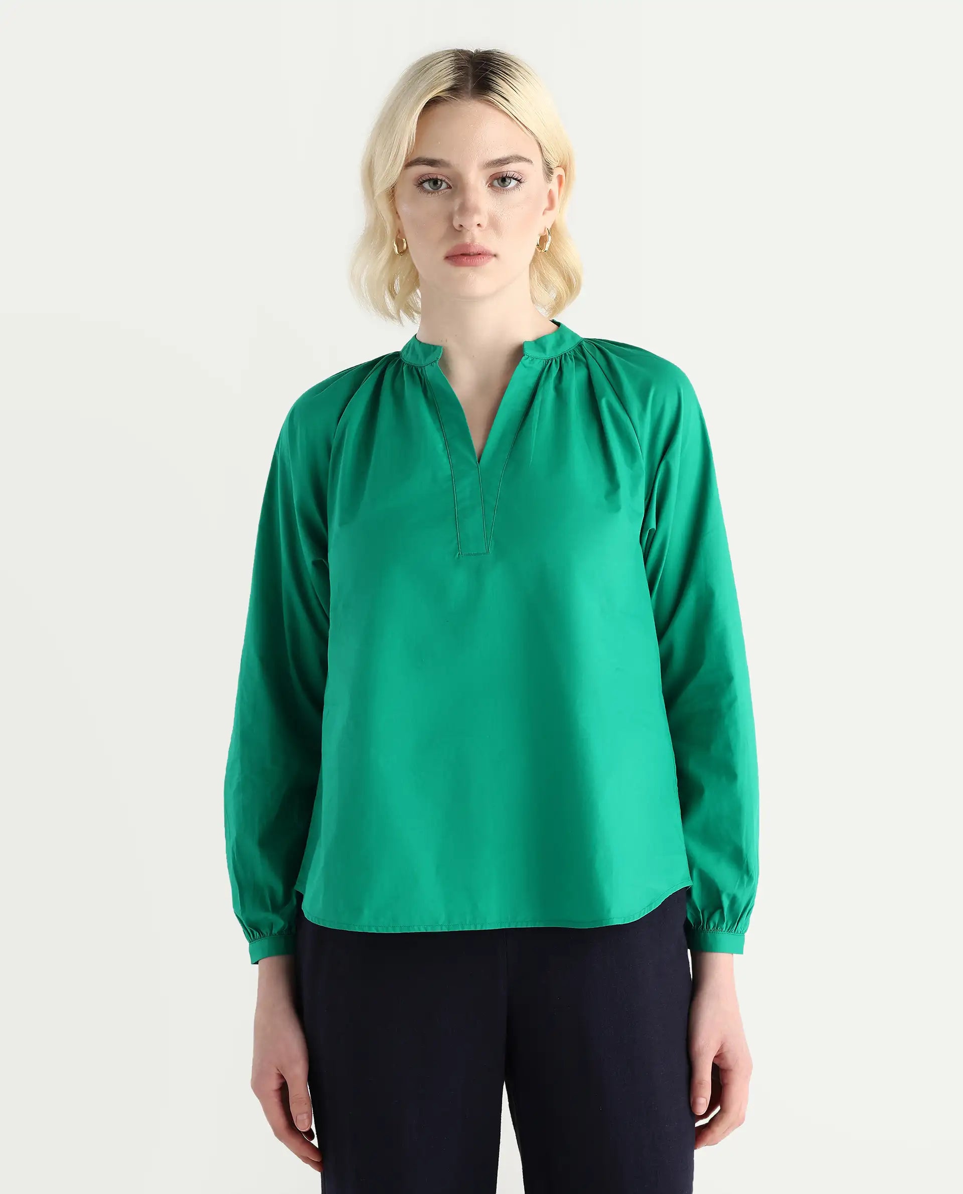 Rareism Women's Elmar Green Cotton Raglan Sleeves Mandarin Collar Regular Fit Plain Top
