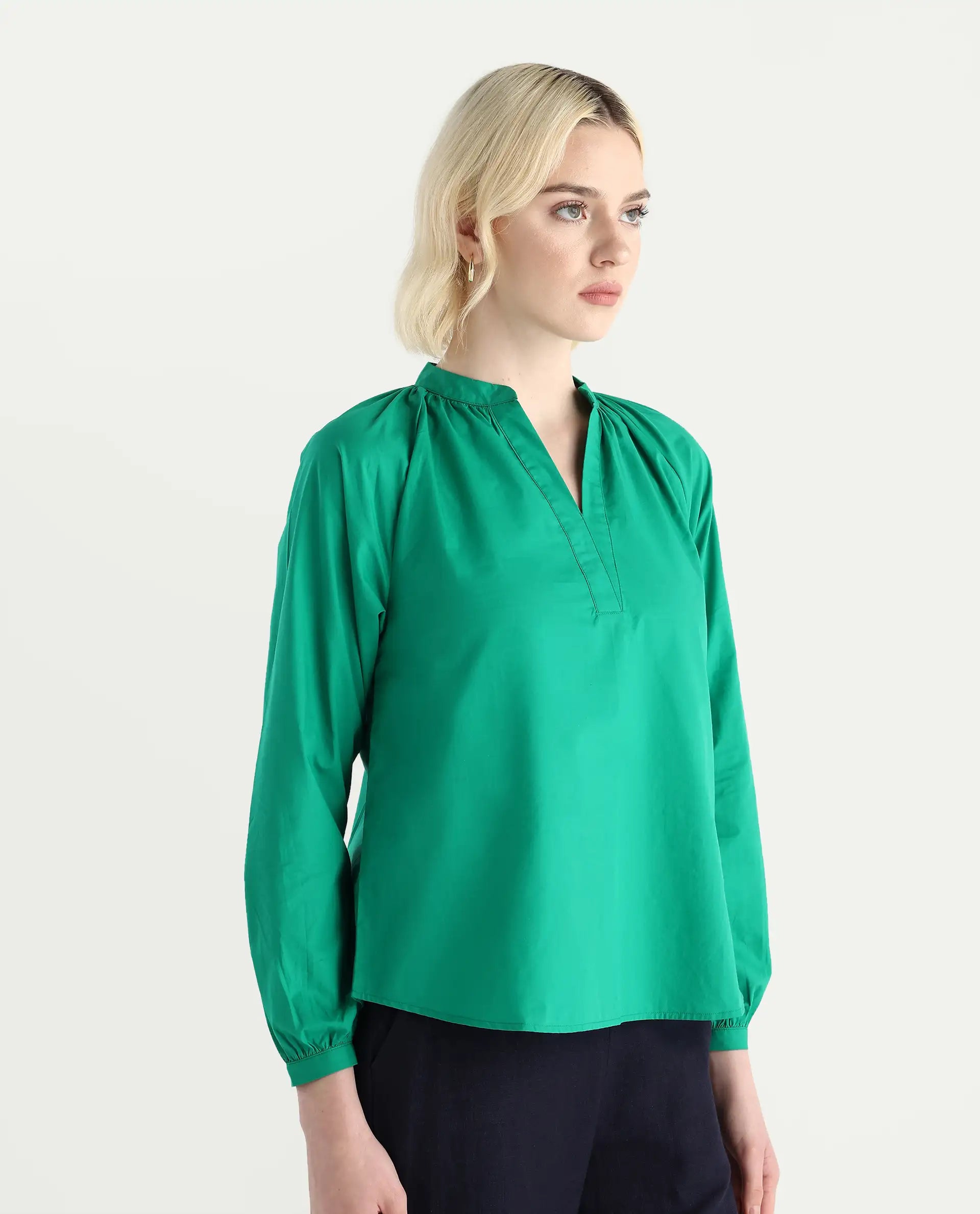 Rareism Women's Elmar Green Cotton Raglan Sleeves Mandarin Collar Regular Fit Plain Top