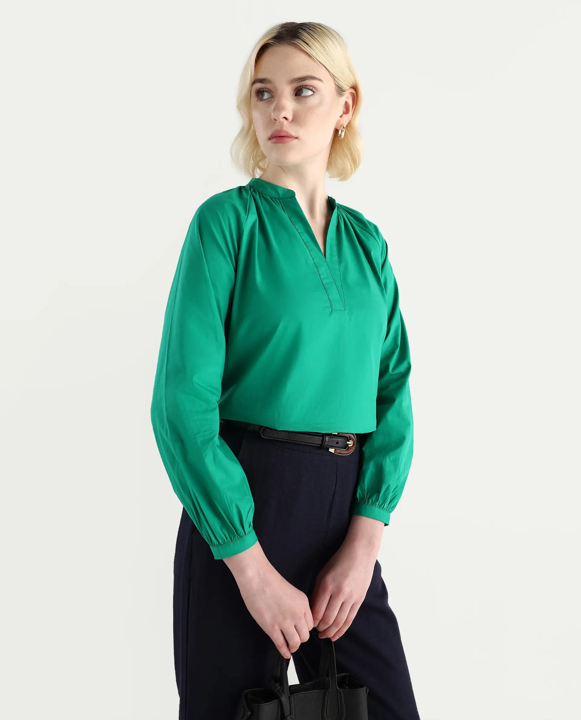 Rareism Women's Elmar Green Cotton Raglan Sleeves Mandarin Collar Regular Fit Plain Top