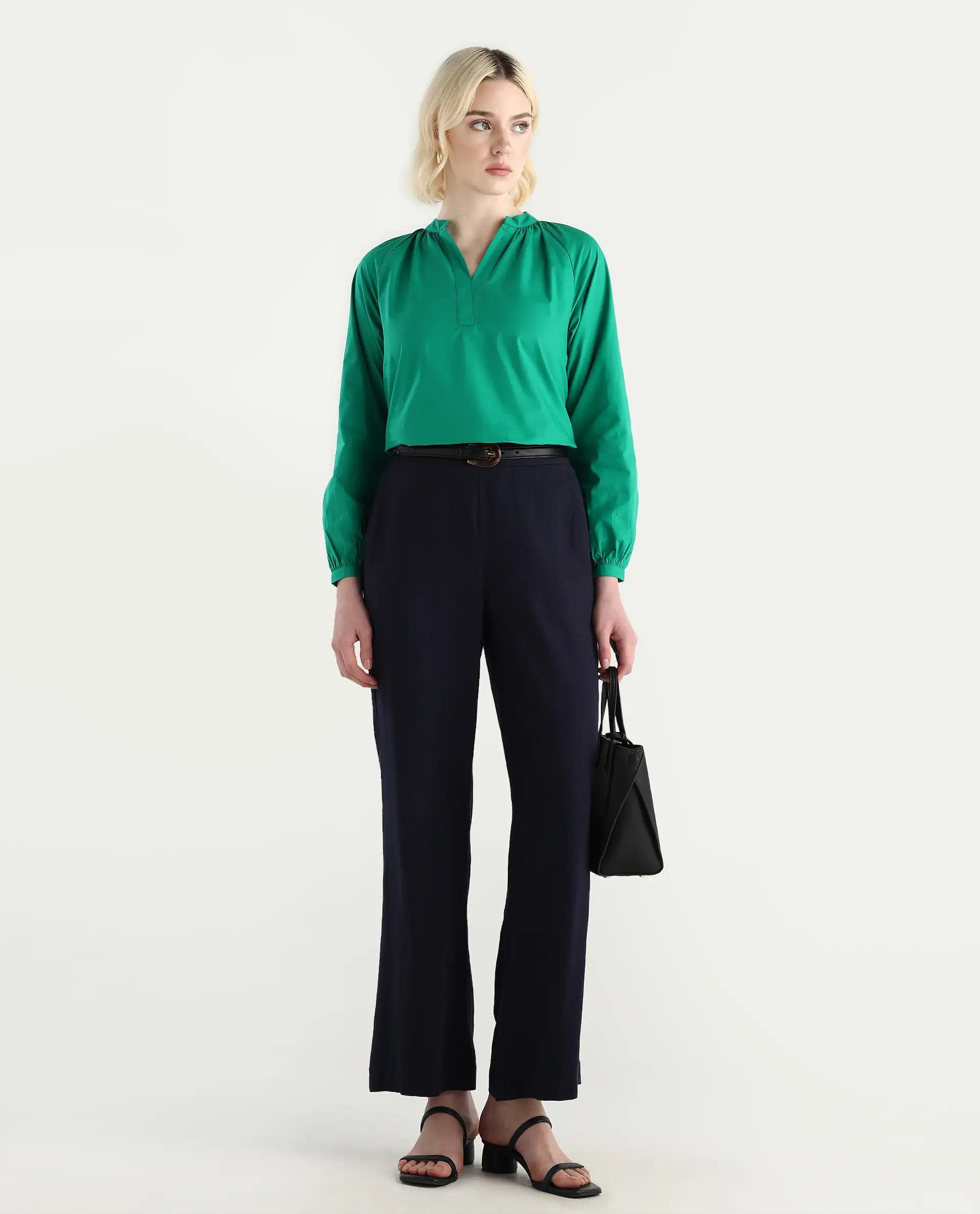 Rareism Women's Elmar Green Cotton Raglan Sleeves Mandarin Collar Regular Fit Plain Top
