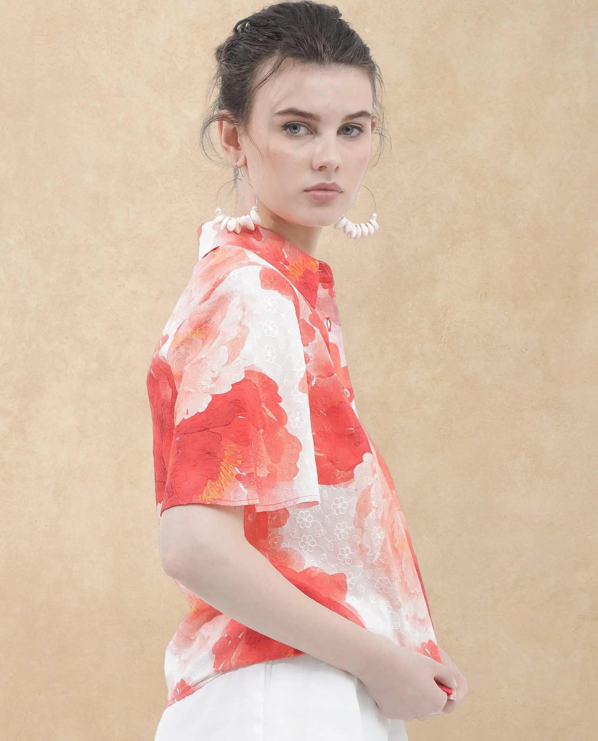 Rareism Women Elmaso Pink Cotton Fabric Full Sleeve Collared Neck   Embroidered Top