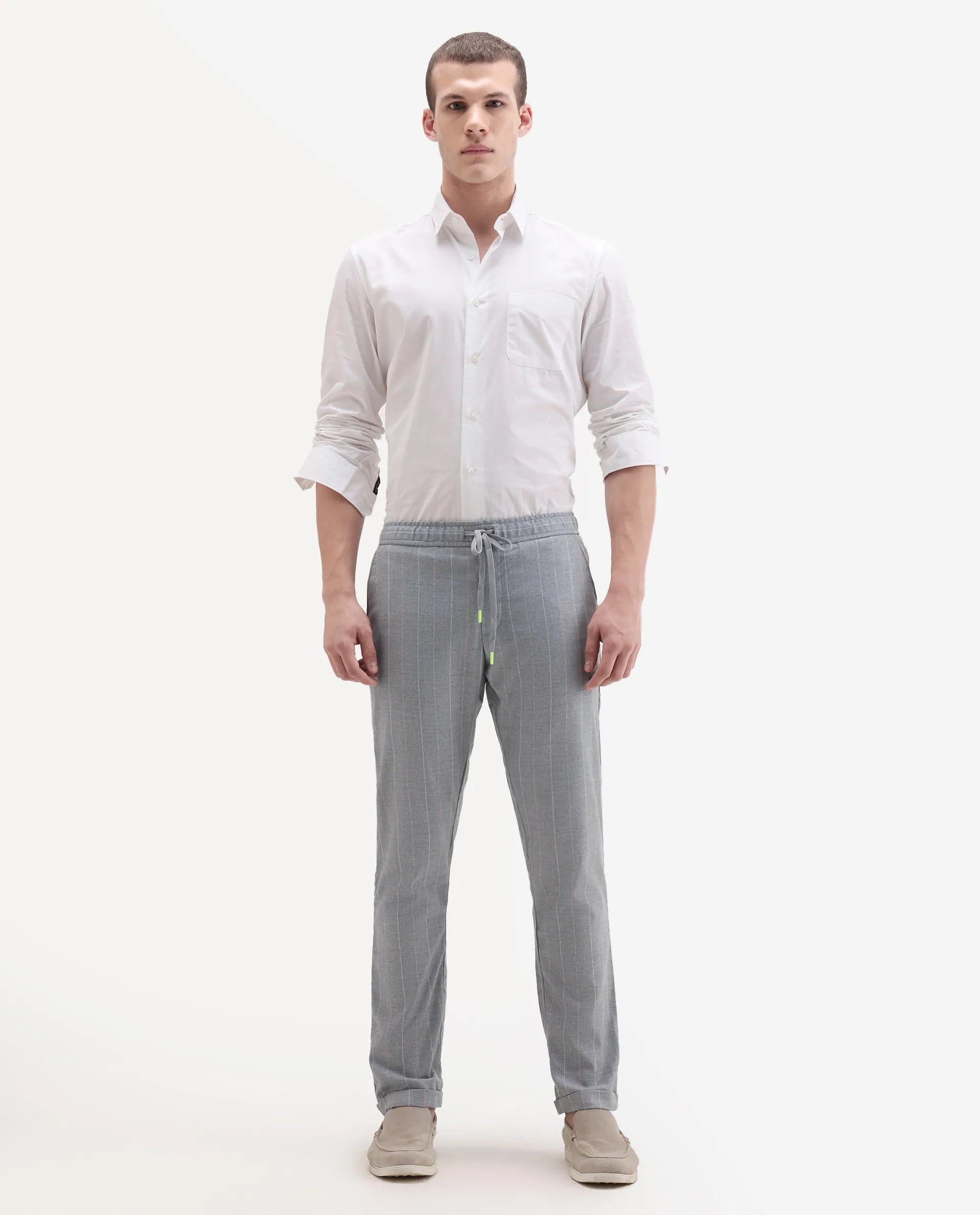 Rare Rabbit Men's Elms Grey Cotton Striped Print Regular Fit Trouser