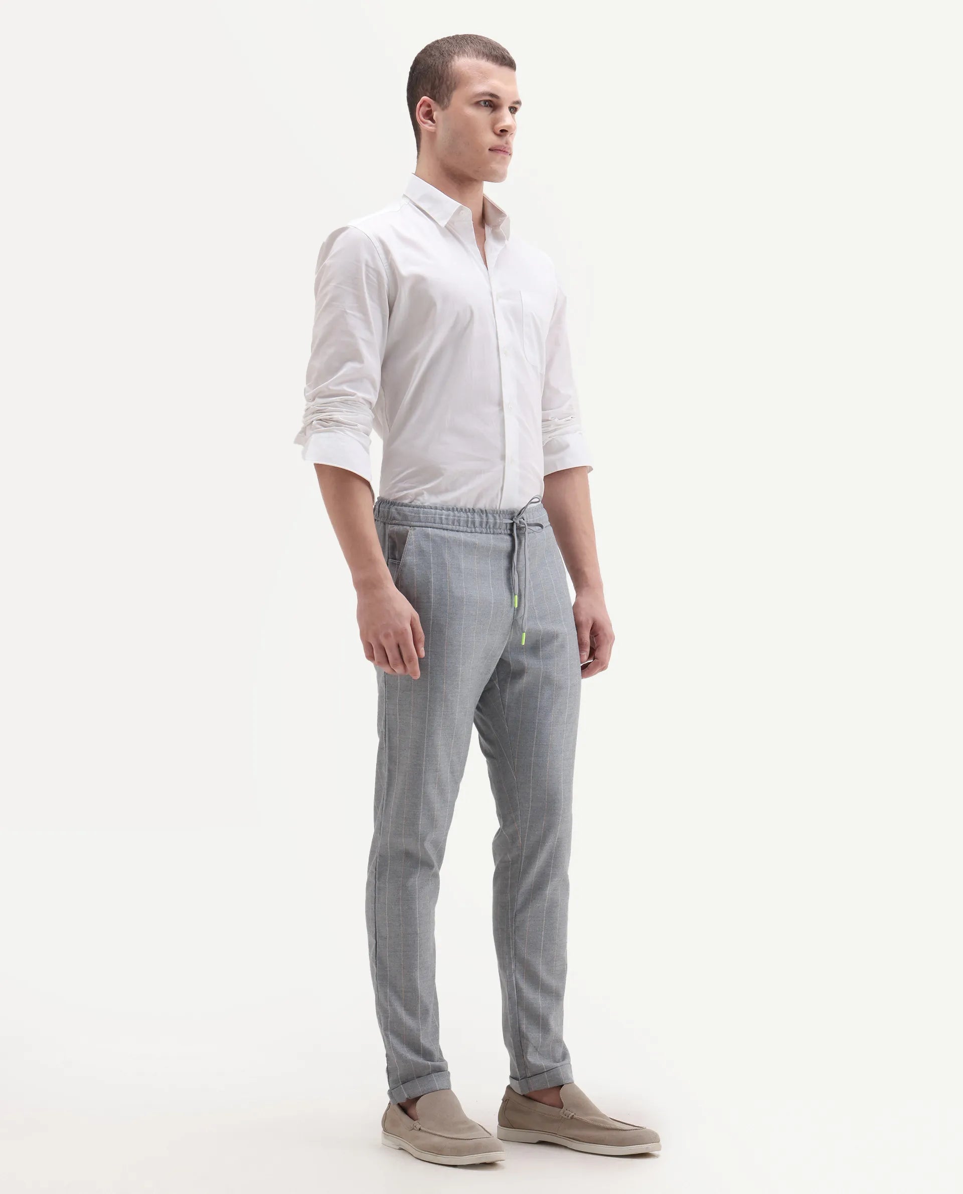 Rare Rabbit Men's Elms Grey Cotton Striped Print Regular Fit Trouser